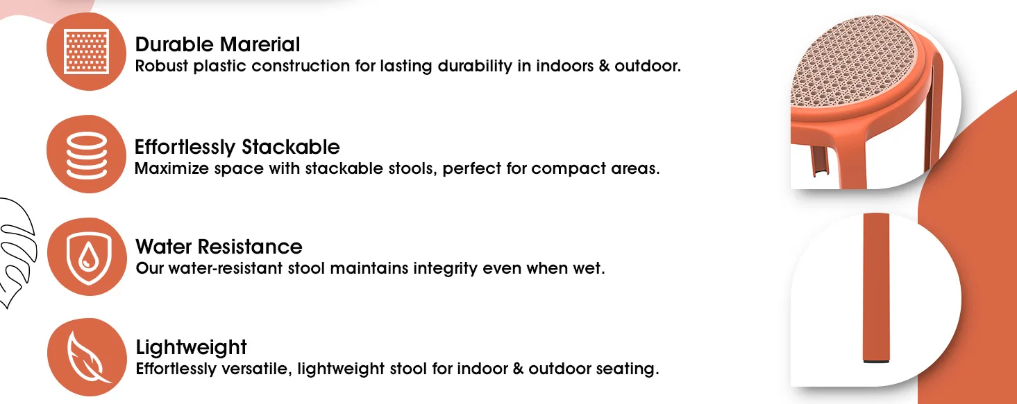 Tresse Series Stackable Round Poly Stool With Wicker Top 13 in Orange