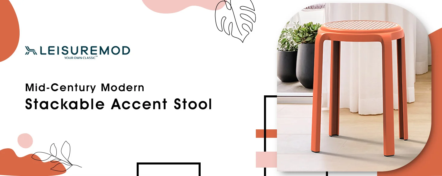 Tresse Series Stackable Round Poly Stool With Wicker Top 13 in Orange