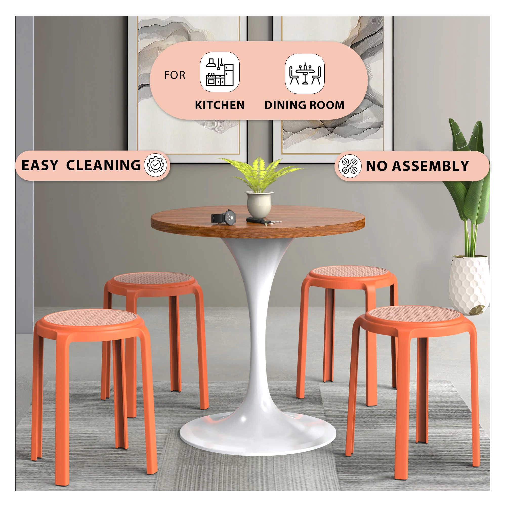 Tresse Series Stackable Round Poly Stool With Wicker Top 13 in Orange