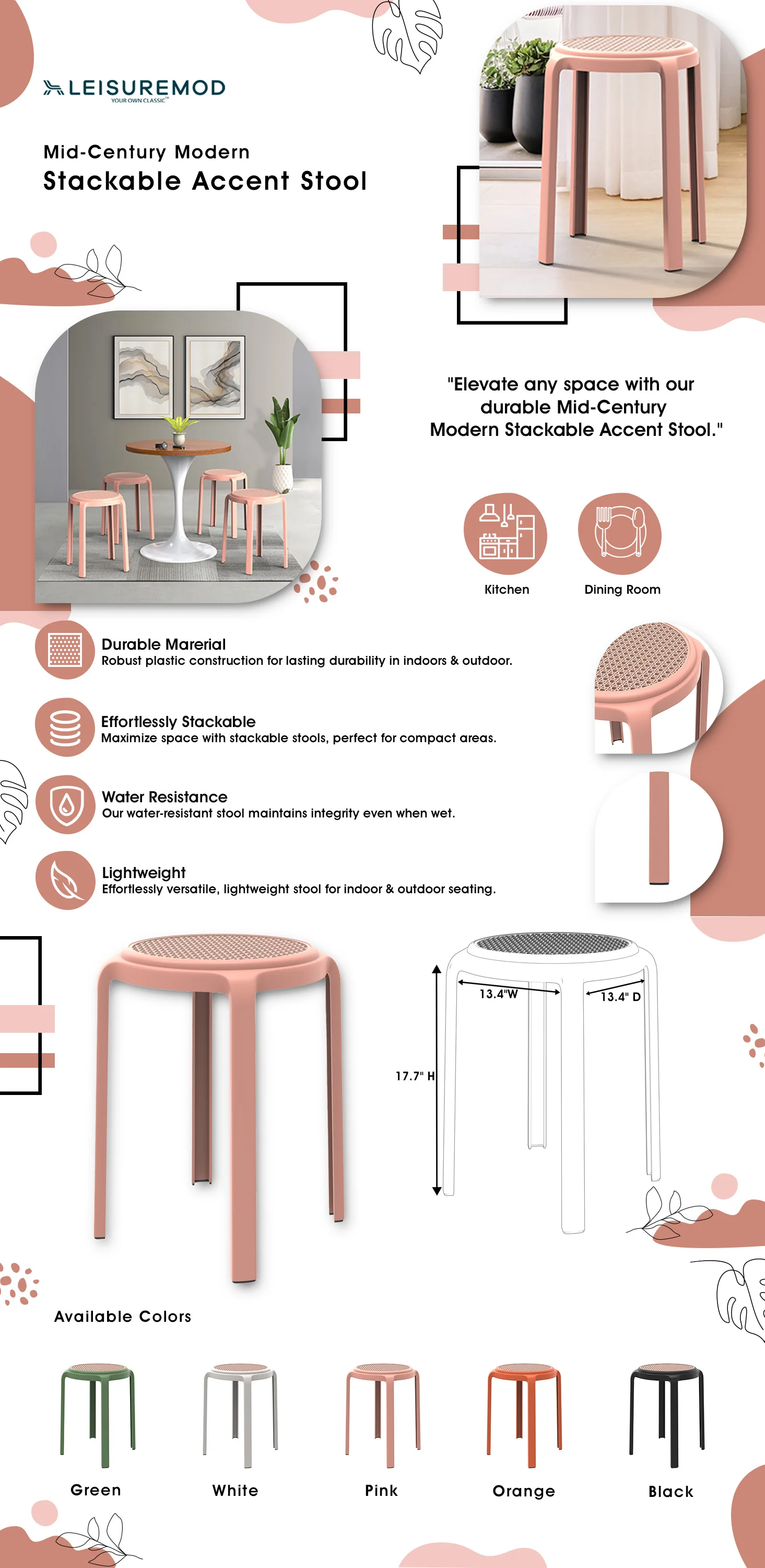 Tresse Series Stackable Round Poly Stool With Wicker Top 13 in Pink