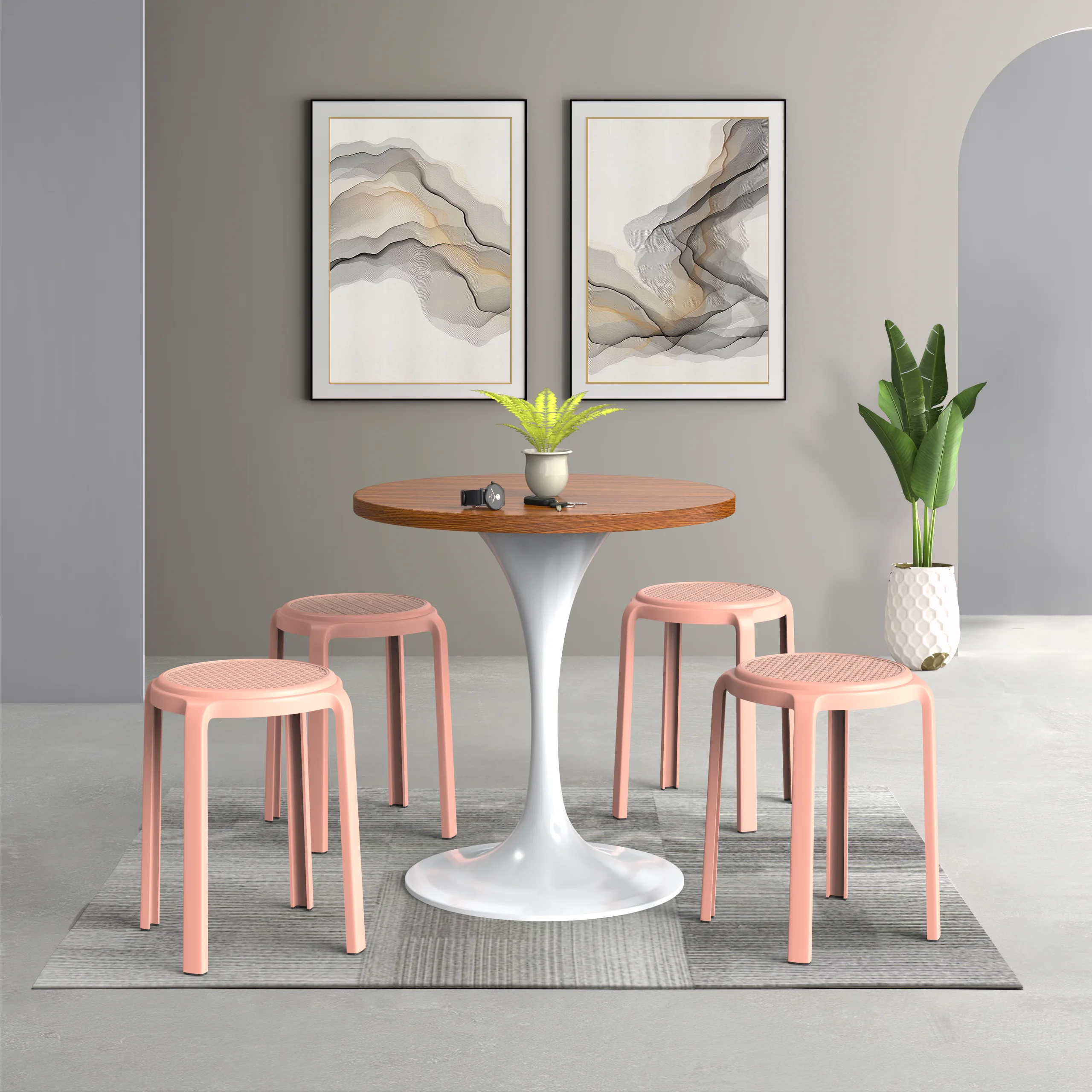 Tresse Series Stackable Round Poly Stool With Wicker Top 13 in Pink