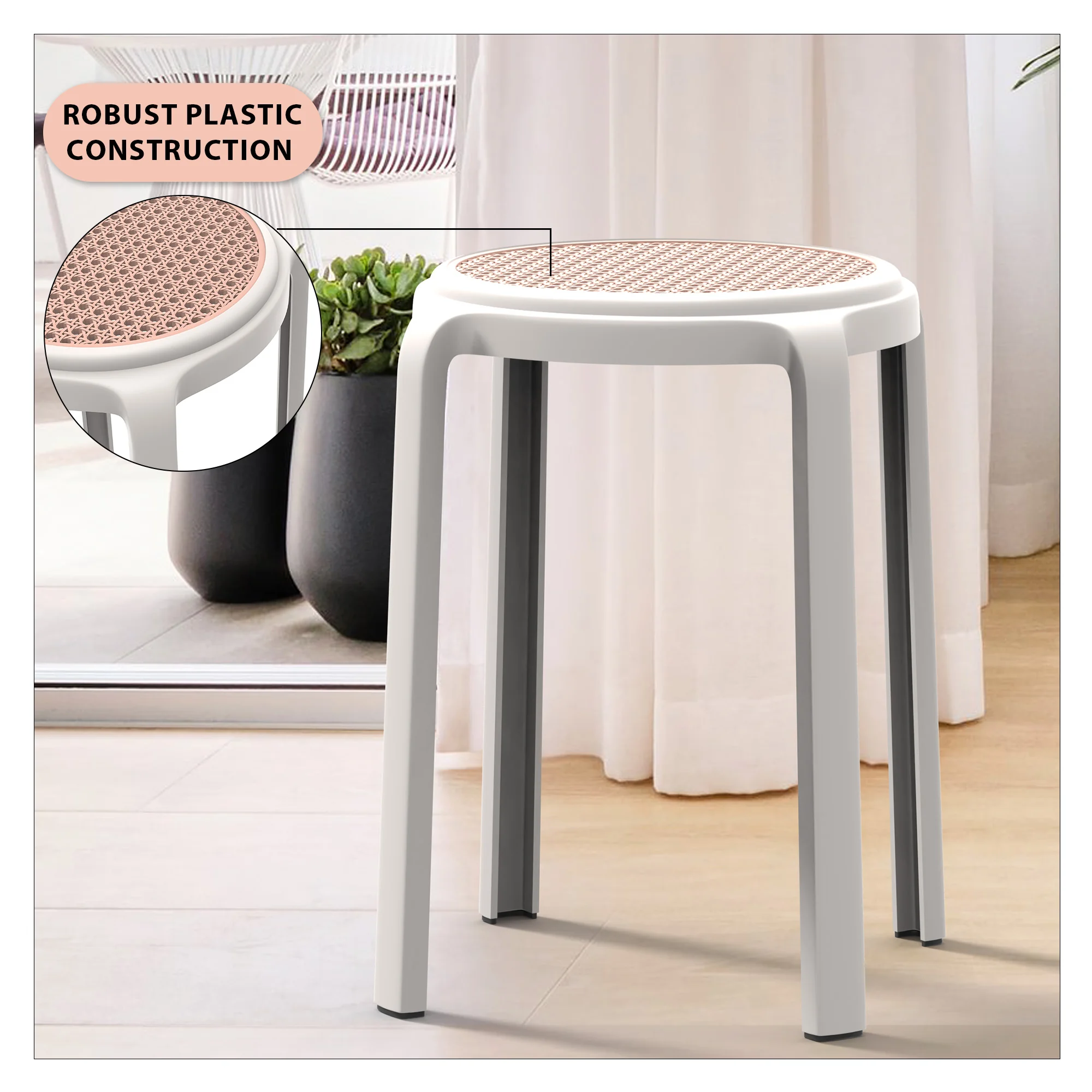 Tresse Series Stackable Round Poly Stool With Wicker Top 13 in White