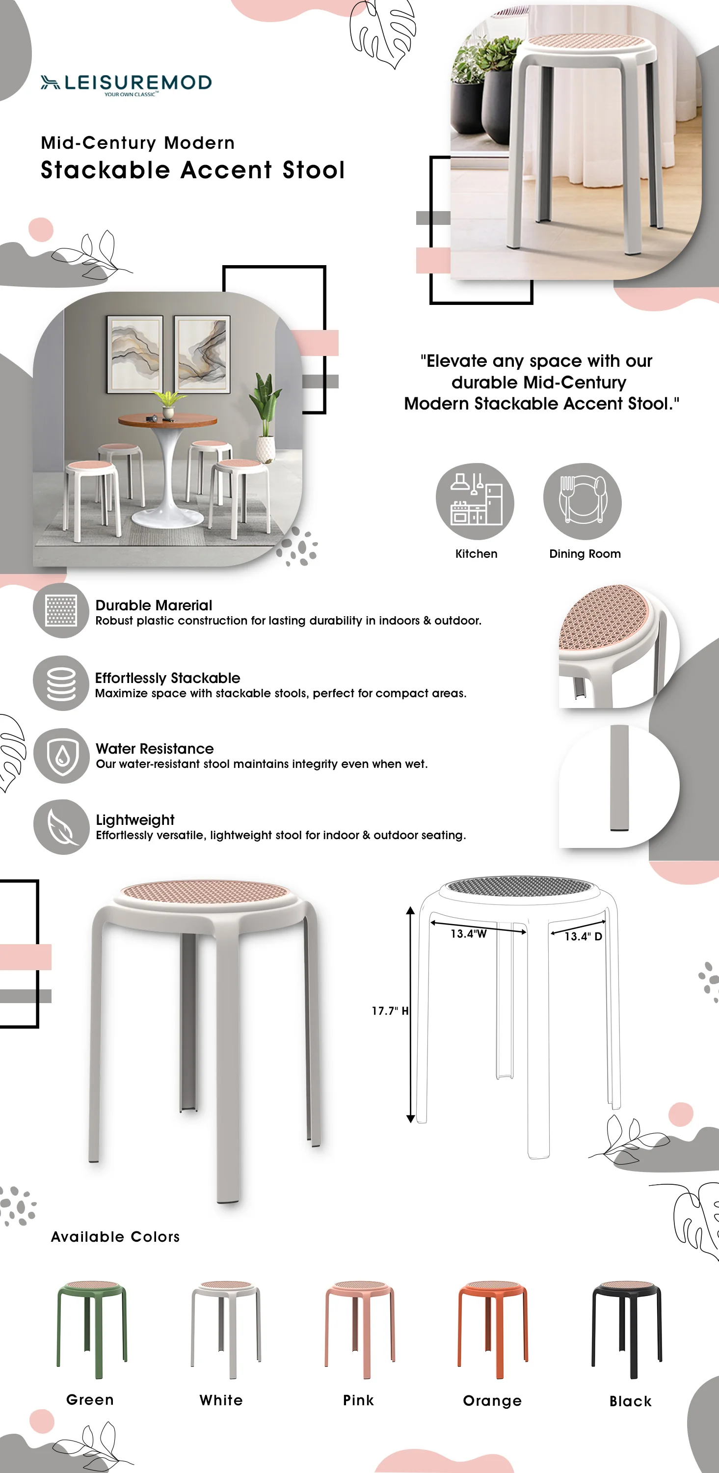 Tresse Series Stackable Round Poly Stool With Wicker Top 13 in White