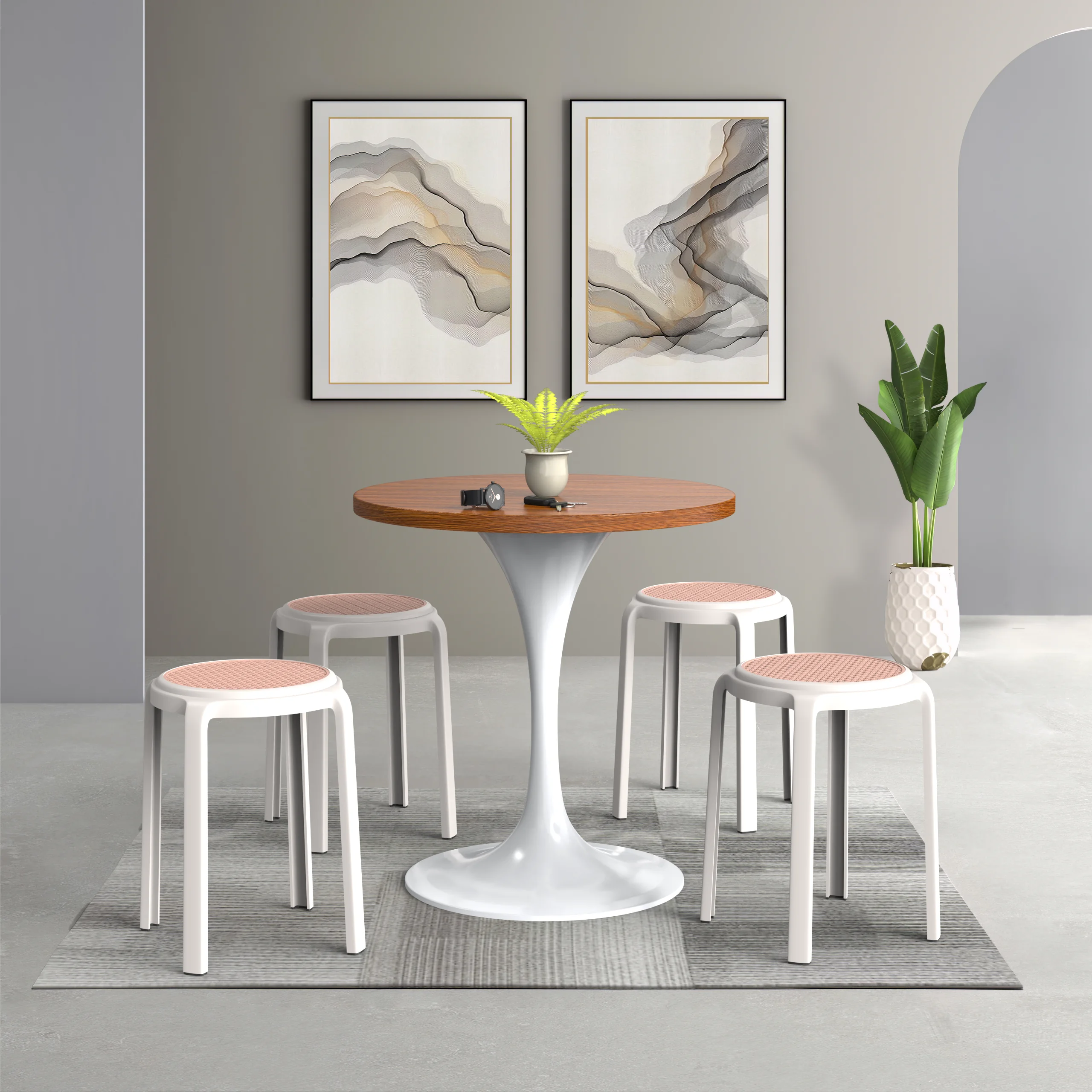 Tresse Series Stackable Round Poly Stool With Wicker Top 13 in White