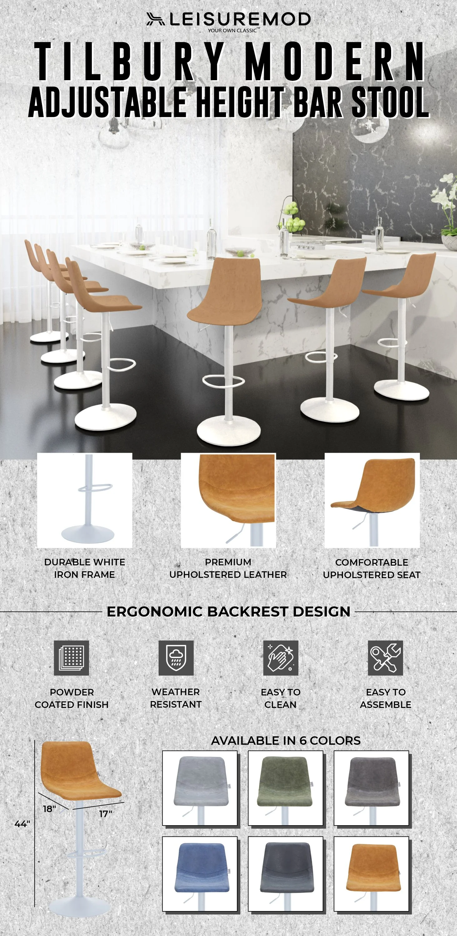 Tilbury - Bar stool White Base- Light Brown