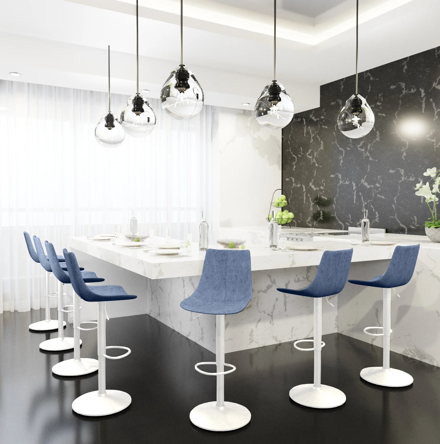 Tilbury - Bar stool -White Base- Peacock Blue Set of 2