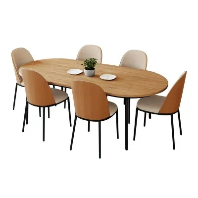 Tule 7-Piece Dining Set in Steel Frame with 6 Upholstered Seat Dining Chairs and 71" Oval Dining Table with MDF Tabletop
