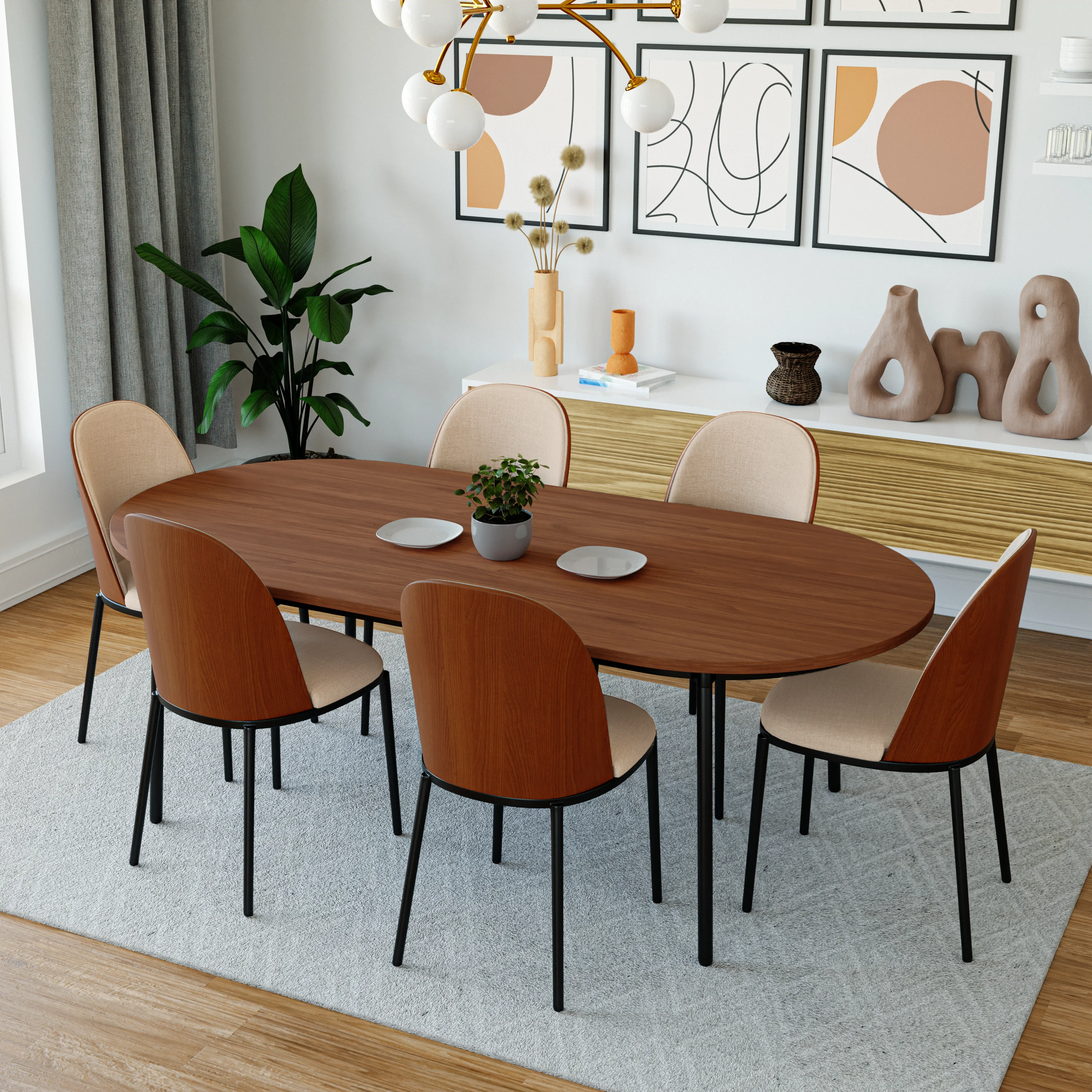 Tule 7-Piece Dining Set in Steel Frame with 6 Upholstered Seat Dining Chairs and 71" Oval Dining Table with MDF Tabletop