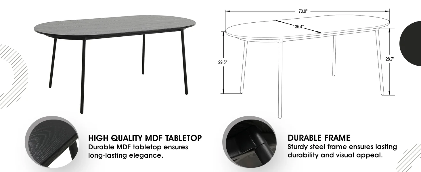 Tule 7-Piece Dining Set in White Steel Frame with 6 Upholstered Seat Dining Chairs and 71" Oval Dining Table with MDF Tabletop in Black/Platinum Blue