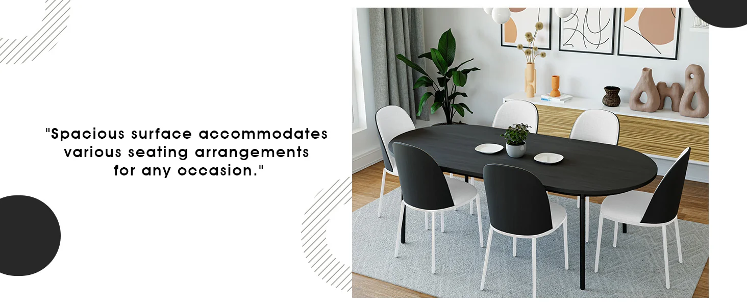 Tule 7-Piece Dining Set in White Steel Frame with 6 Upholstered Seat Dining Chairs and 71" Oval Dining Table with MDF Tabletop in Black/White