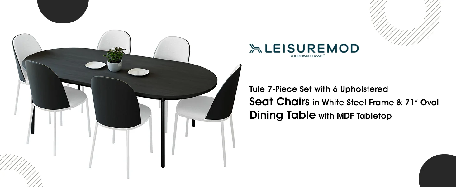Tule 7-Piece Dining Set in White Steel Frame with 6 Upholstered Seat Dining Chairs and 71" Oval Dining Table with MDF Tabletop in Black/White