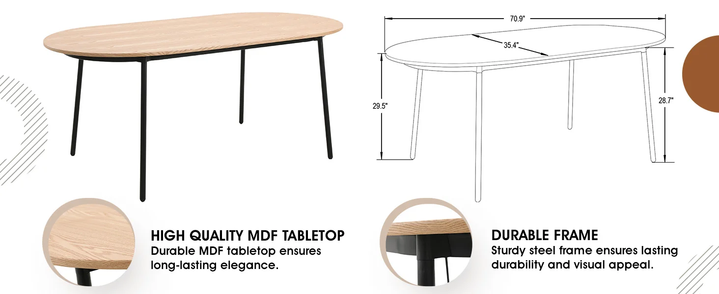 Tule 7-Piece Dining Set in White Steel Frame with 6 Upholstered Seat Dining Chairs and 71" Oval Dining Table with MDF Tabletop in Natural Wood/Brown