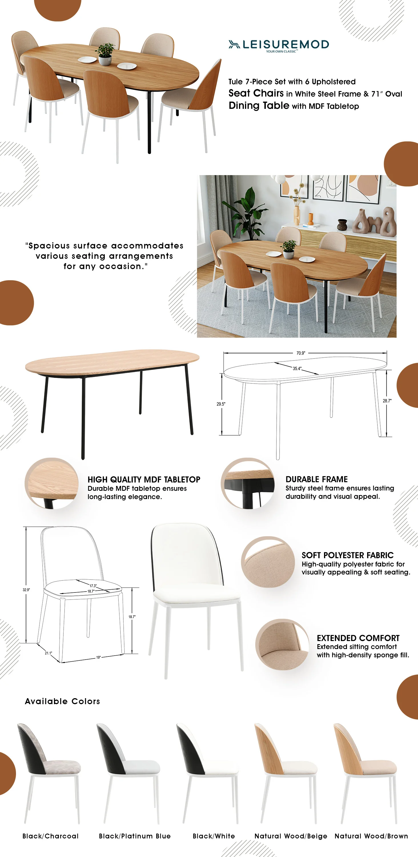 Tule 7-Piece Dining Set in White Steel Frame with 6 Upholstered Seat Dining Chairs and 71" Oval Dining Table with MDF Tabletop in Natural Wood/Brown