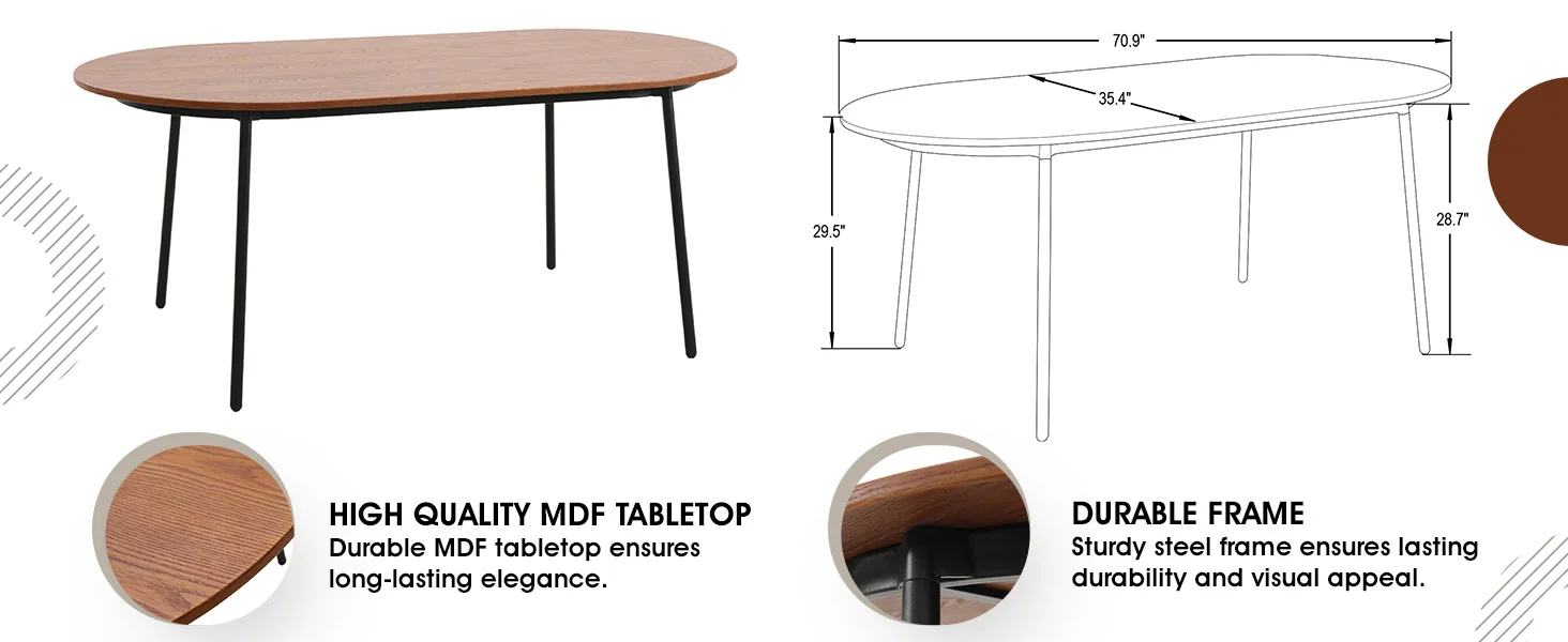 Tule 7-Piece Dining Set in White Steel Frame with 6 Upholstered Seat Dining Chairs and 71" Oval Dining Table with MDF Tabletop in Walnut/Beige