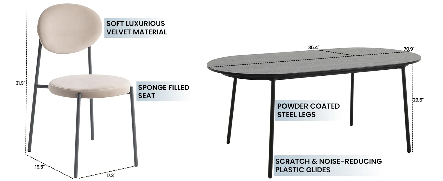 Euston Dining Set, 6 Beige Chairs and Black Table
