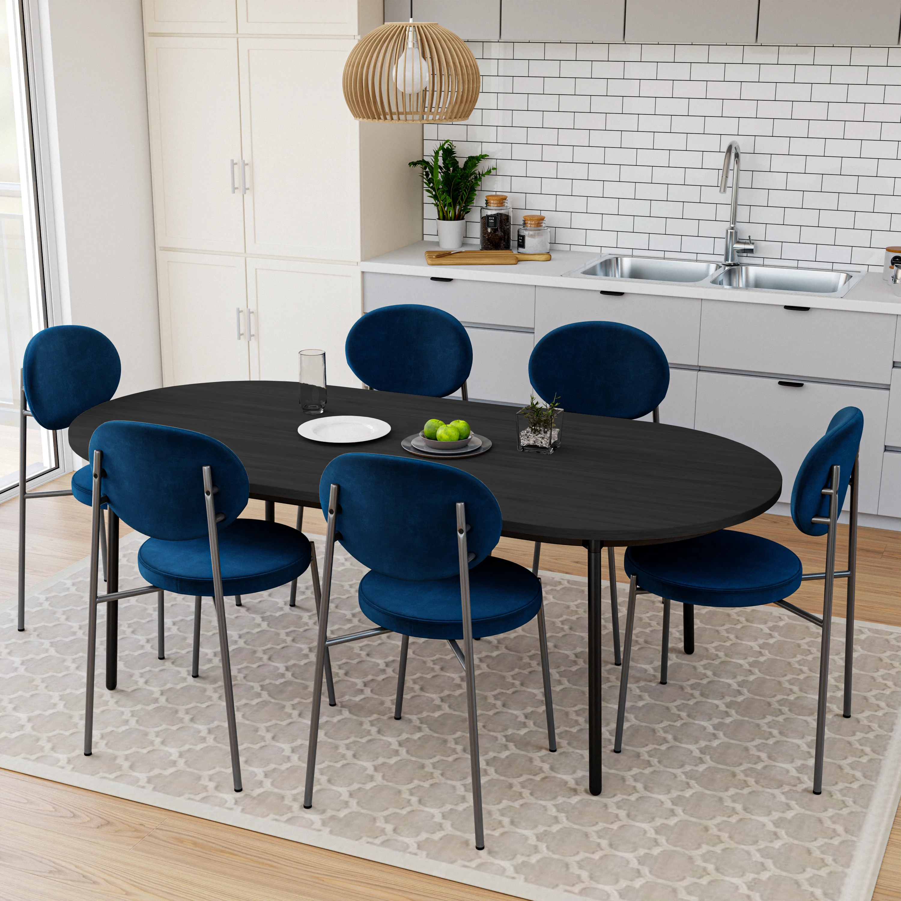 Euston Dining Set, 6 Blue Chairs and Black Table