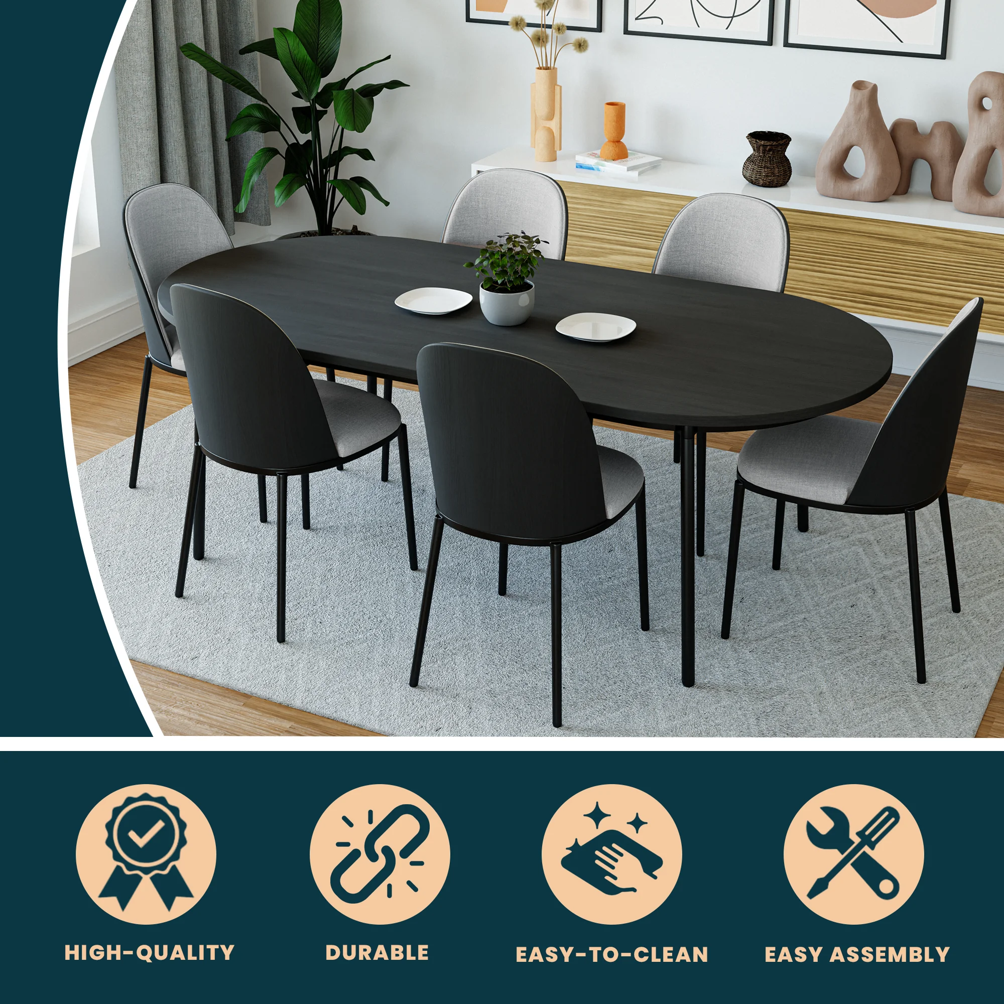 Tule Modern 71" Oval Dining Table with MDF Top and Black Steel Legs in Black