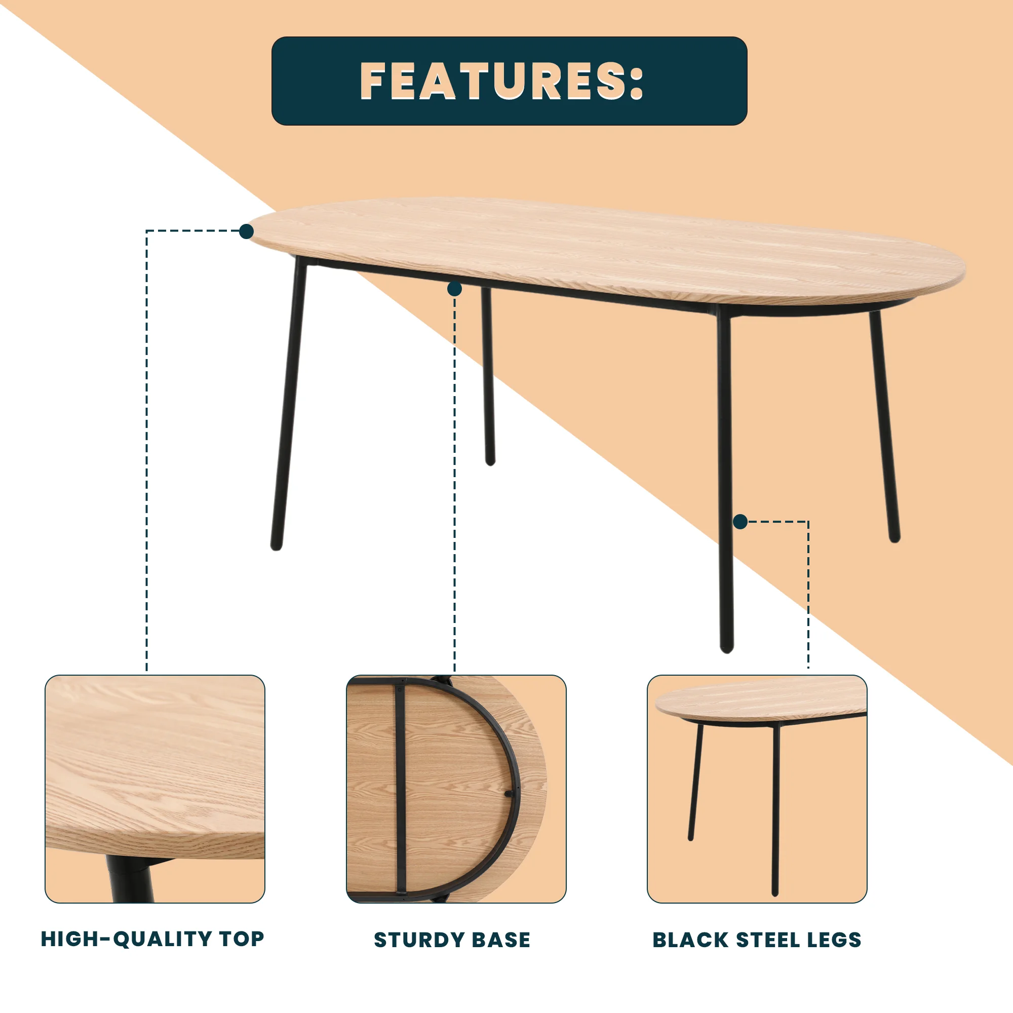 Tule Modern 71" Oval Dining Table with MDF Top and Black Steel Legs in Natural Wood