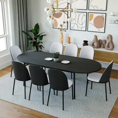 Tule 9-Piece Dining Set in Steel Frame with 8 Upholstered Seat Dining Chairs and 83" Oval Dining Table with MDF Tabletop