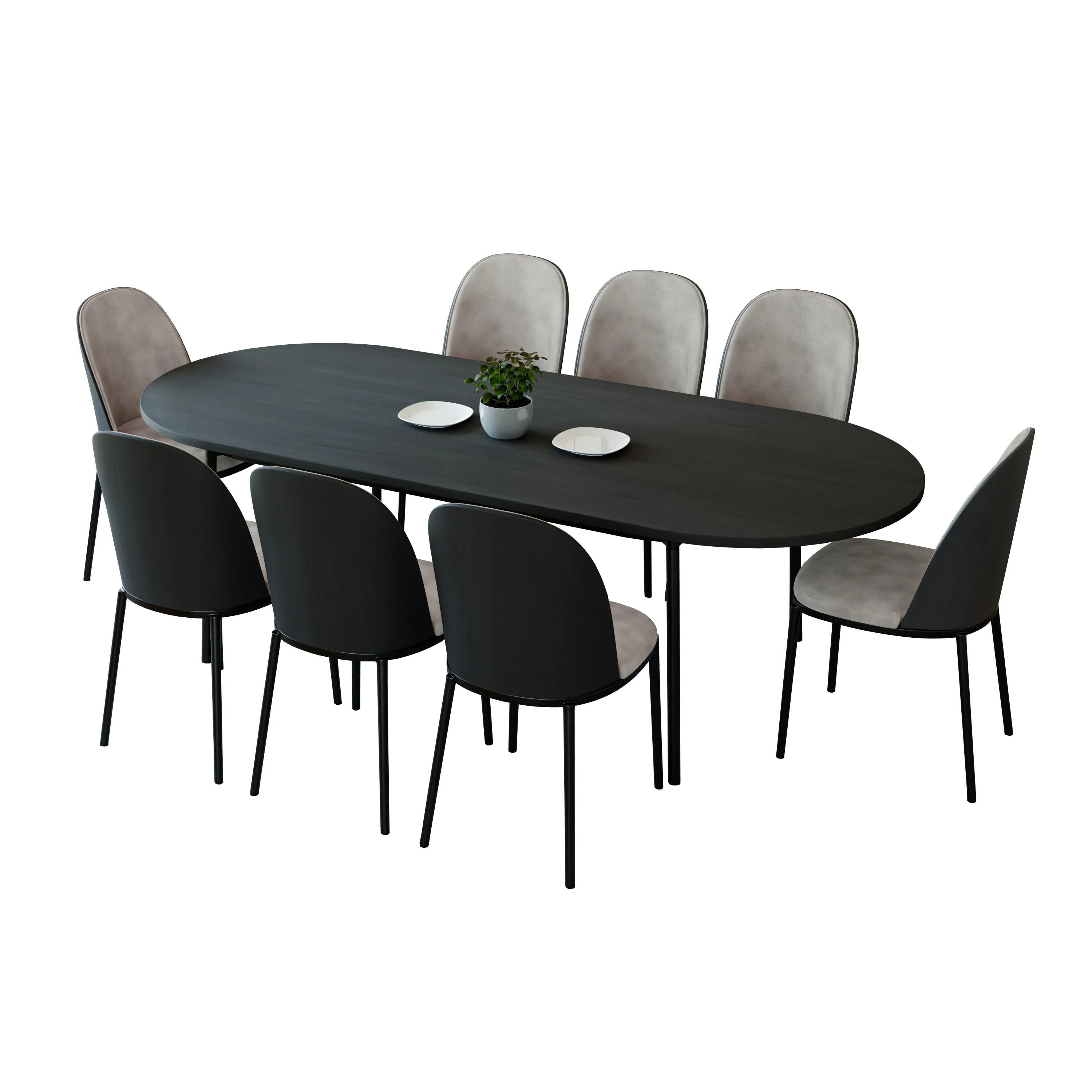 Tule 9-Piece Dining Set in Steel Frame with 8 Upholstered Seat Dining Chairs and 83" Oval Dining Table with MDF Tabletop