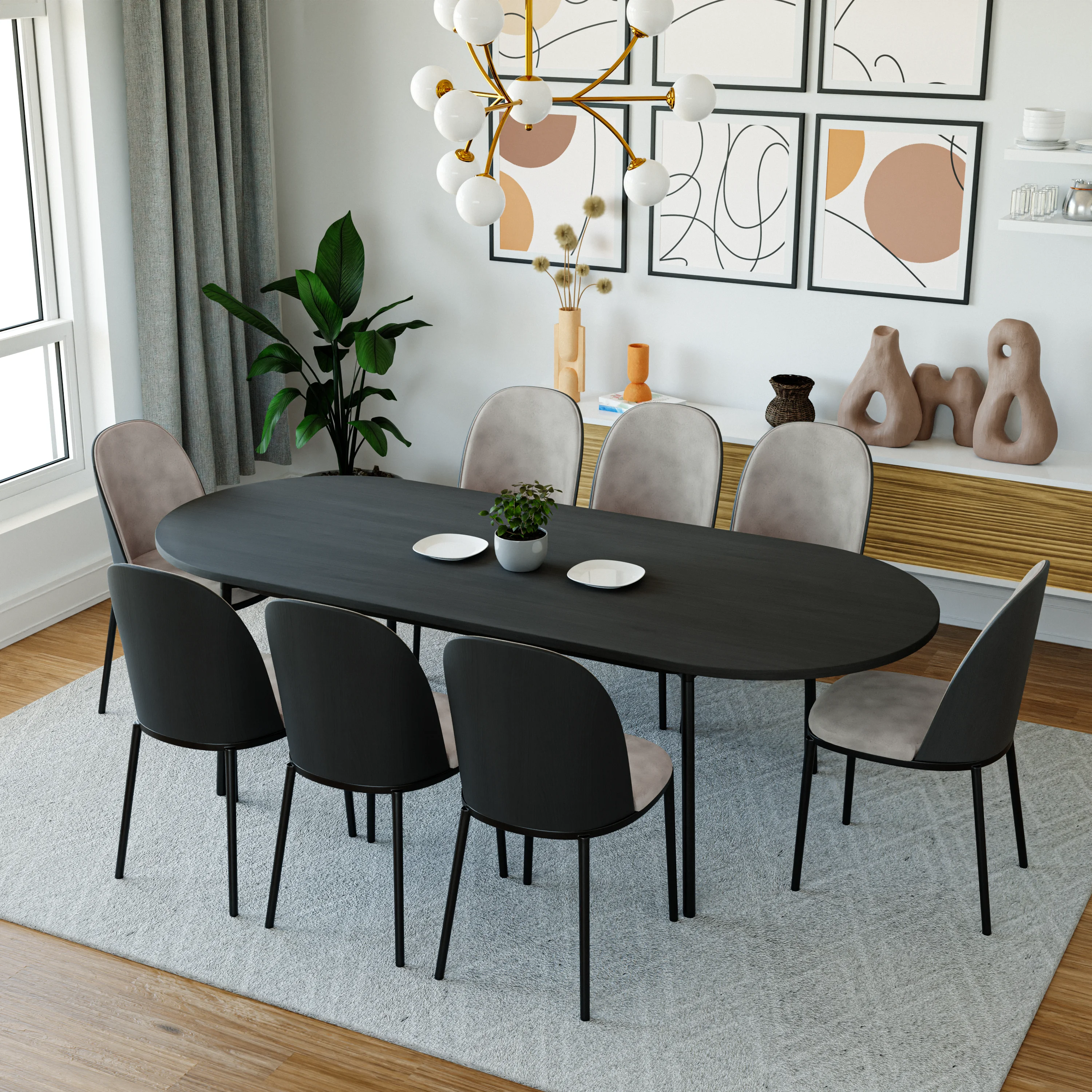 Tule 9-Piece Dining Set in Steel Frame with 8 Upholstered Seat Dining Chairs and 83" Oval Dining Table with MDF Tabletop