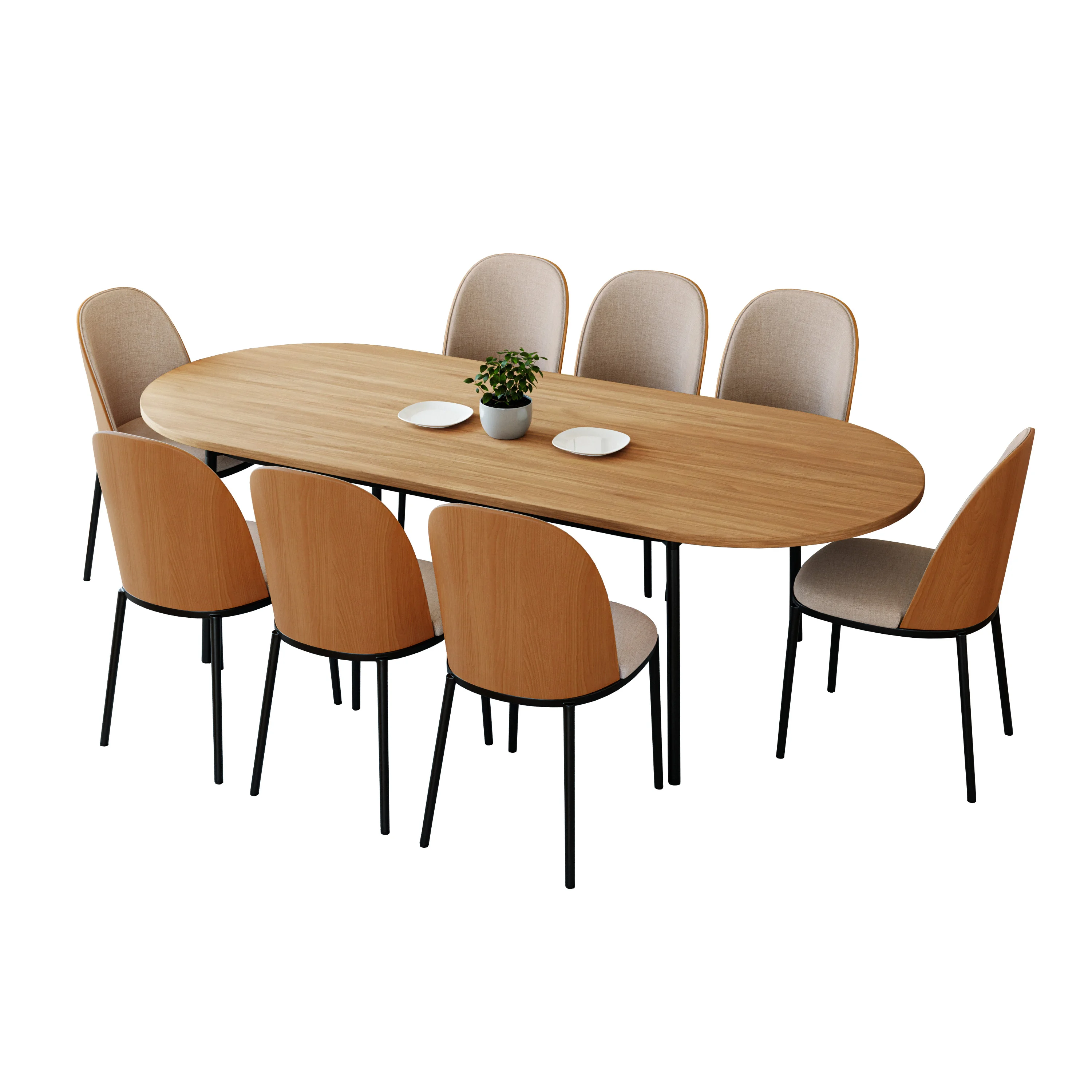 Tule 9-Piece Dining Set in Steel Frame with 8 Upholstered Seat Dining Chairs and 83" Oval Dining Table with MDF Tabletop