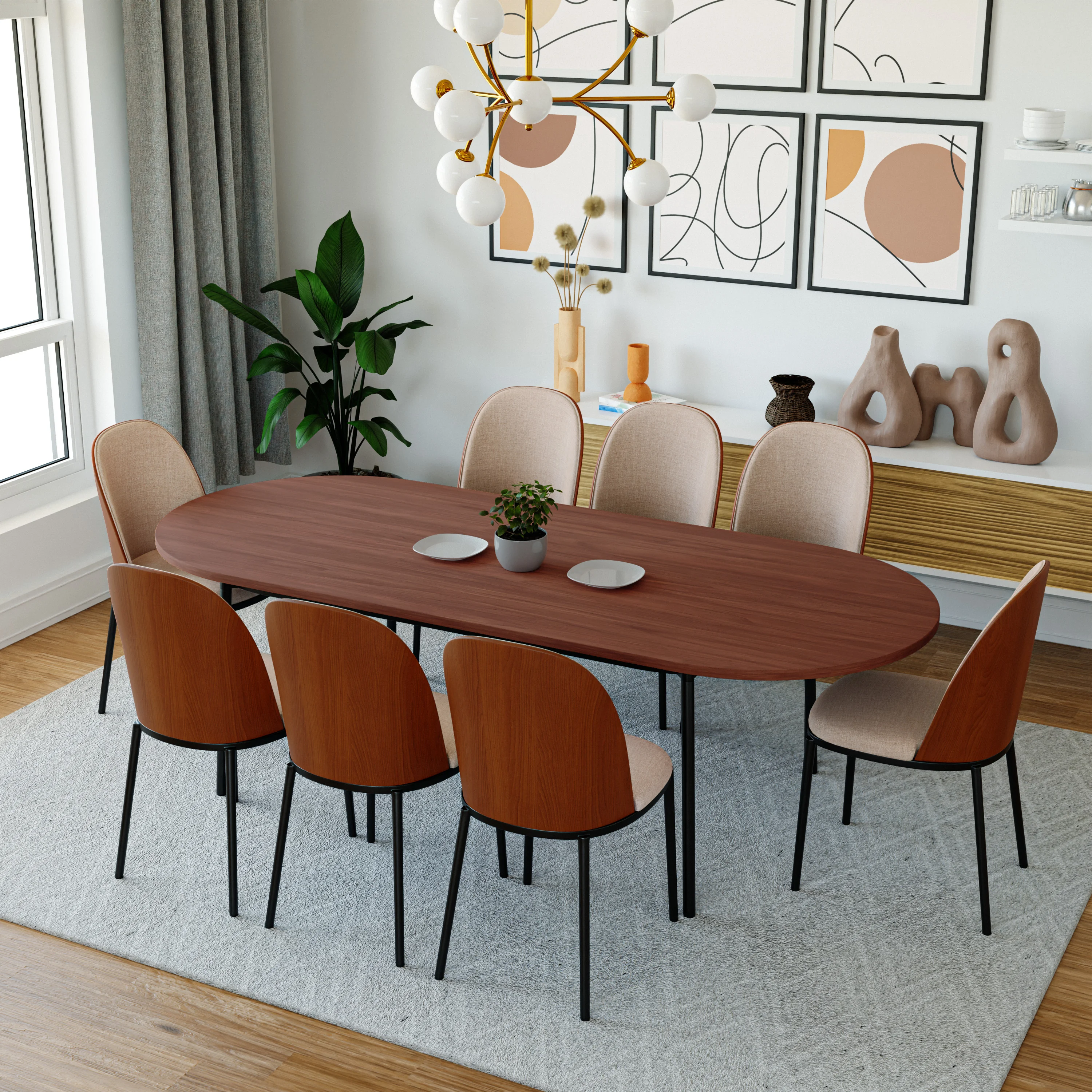 Tule 9-Piece Dining Set in Steel Frame with 8 Upholstered Seat Dining Chairs and 83" Oval Dining Table with MDF Tabletop