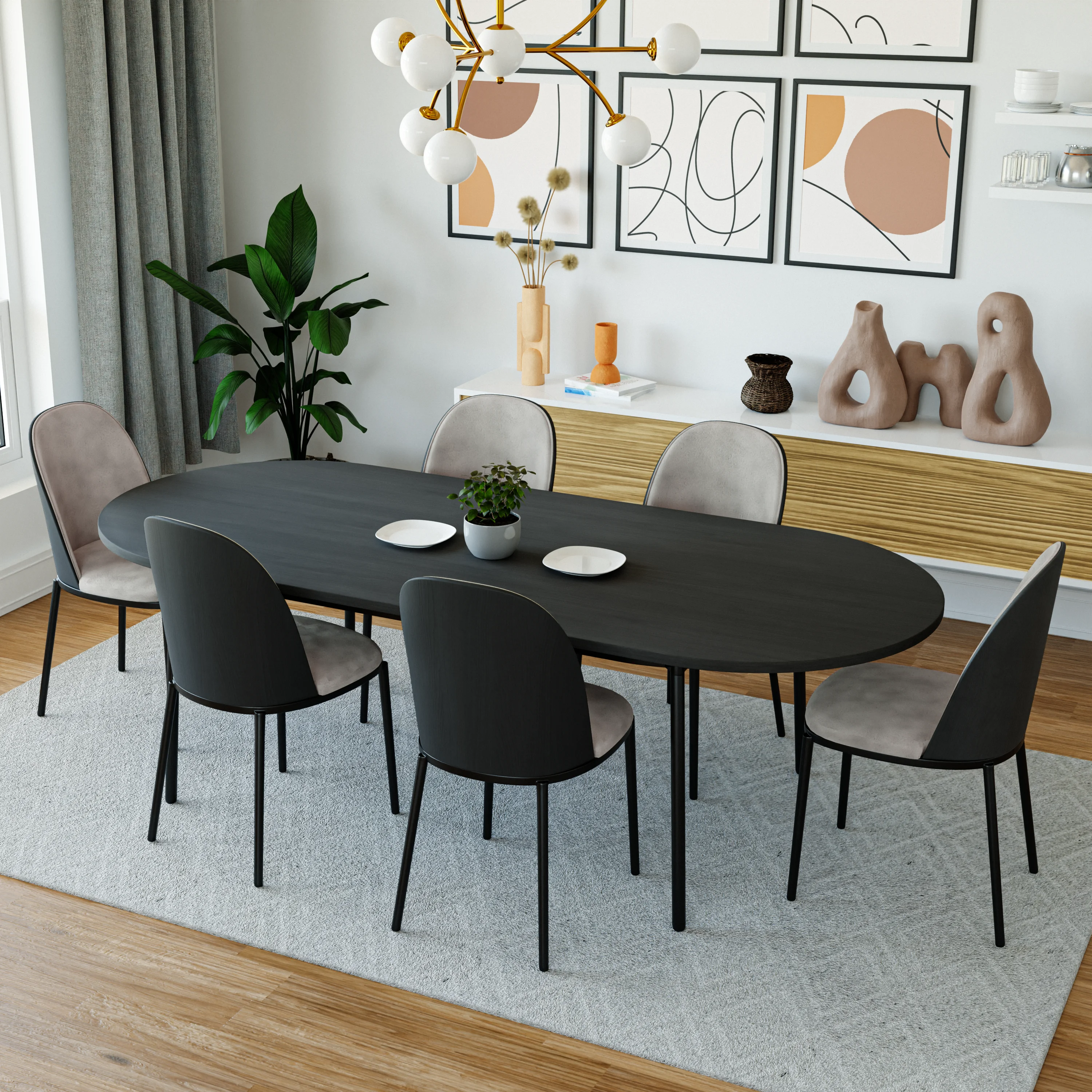 Tule Modern 83" Oval Dining Table with MDF Top and Black Steel Legs in Black