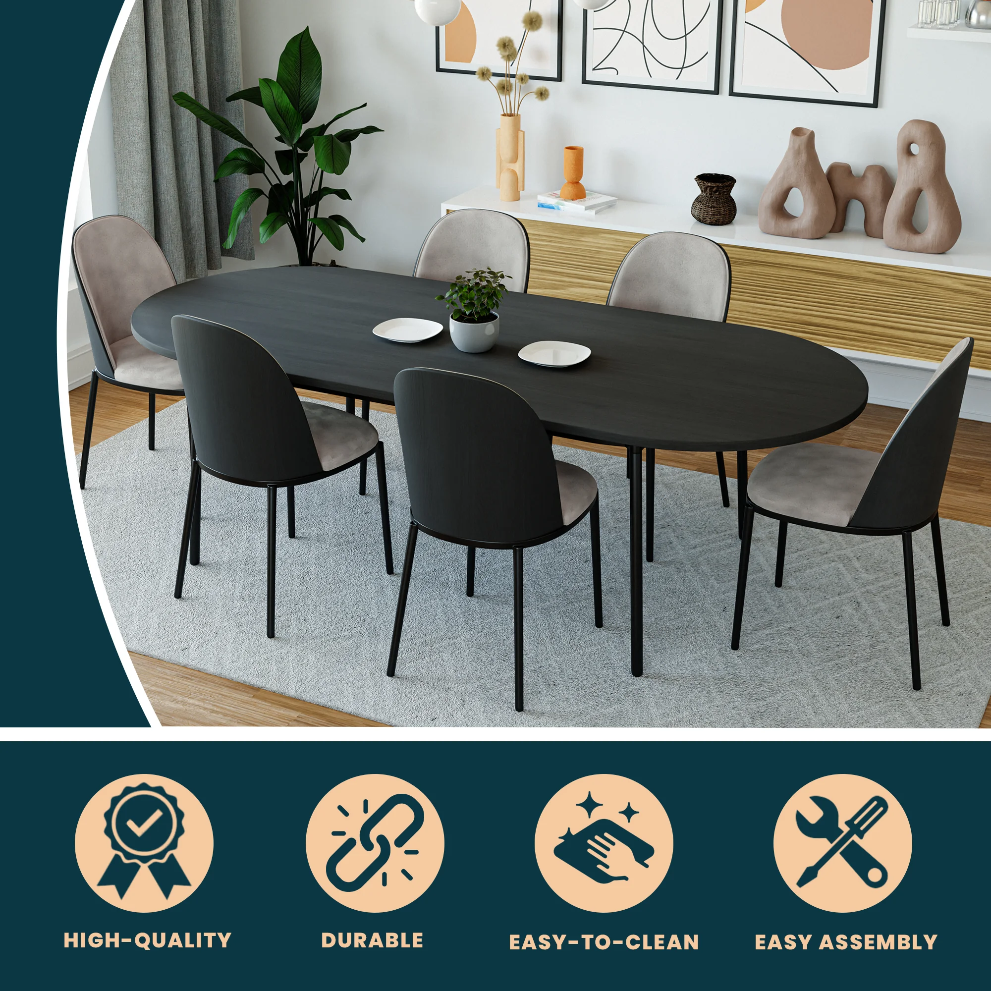 Tule Modern 83" Oval Dining Table with MDF Top and Black Steel Legs in Black