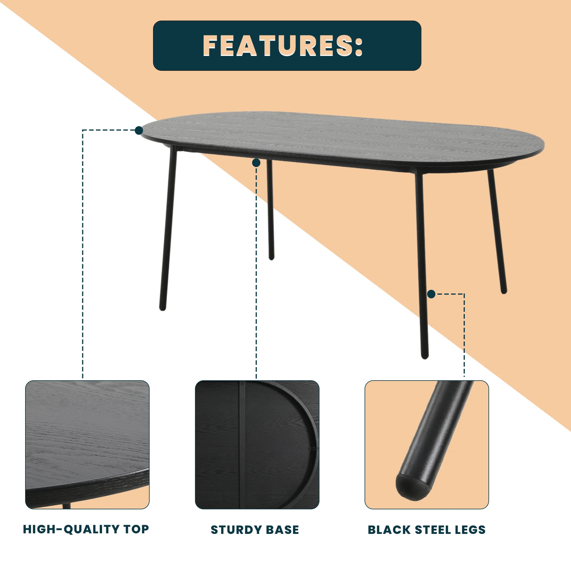 Tule Modern 83" Oval Dining Table with MDF Top and Black Steel Legs in Black