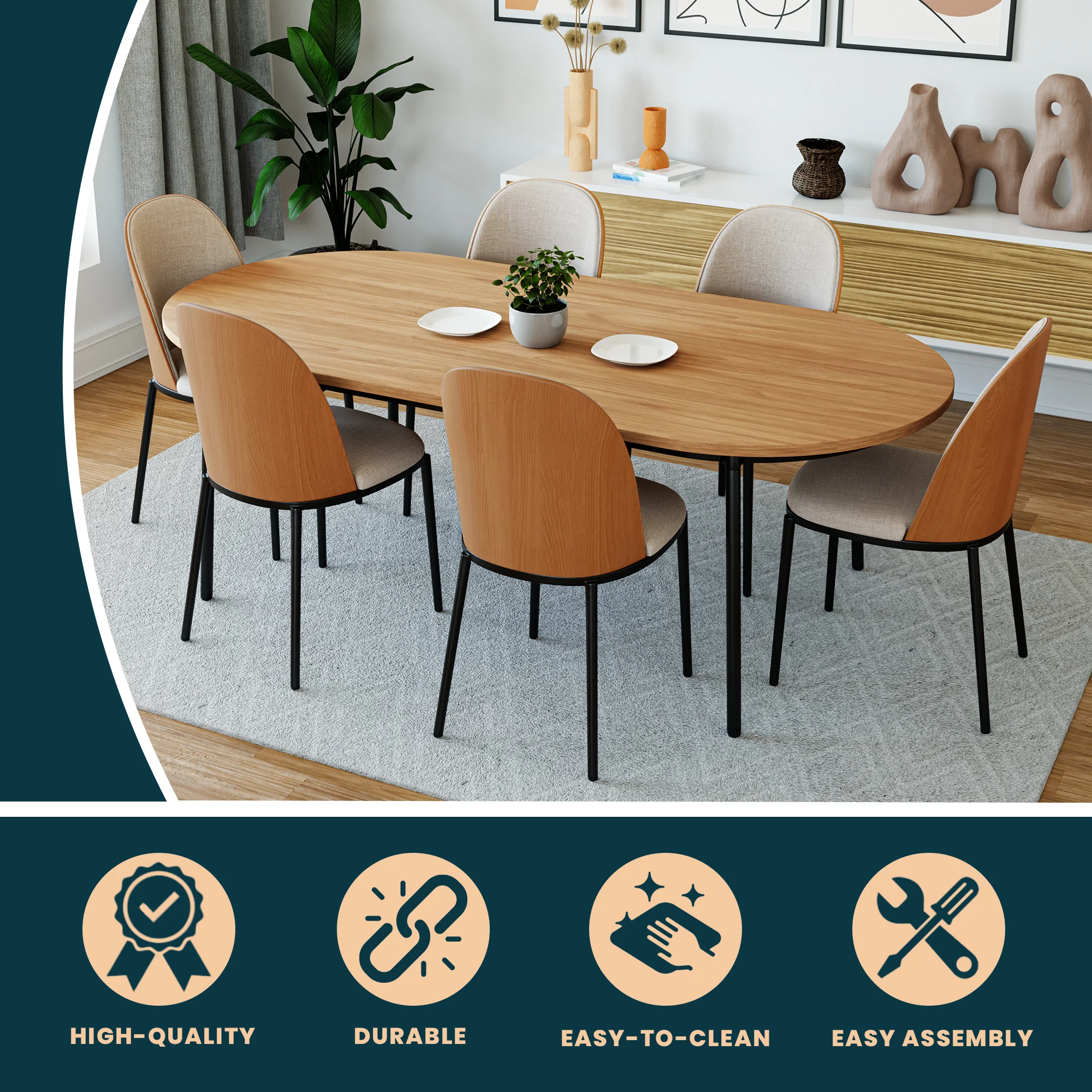 Tule Modern 83" Oval Dining Table with MDF Top and Black Steel Legs in Natural Wood