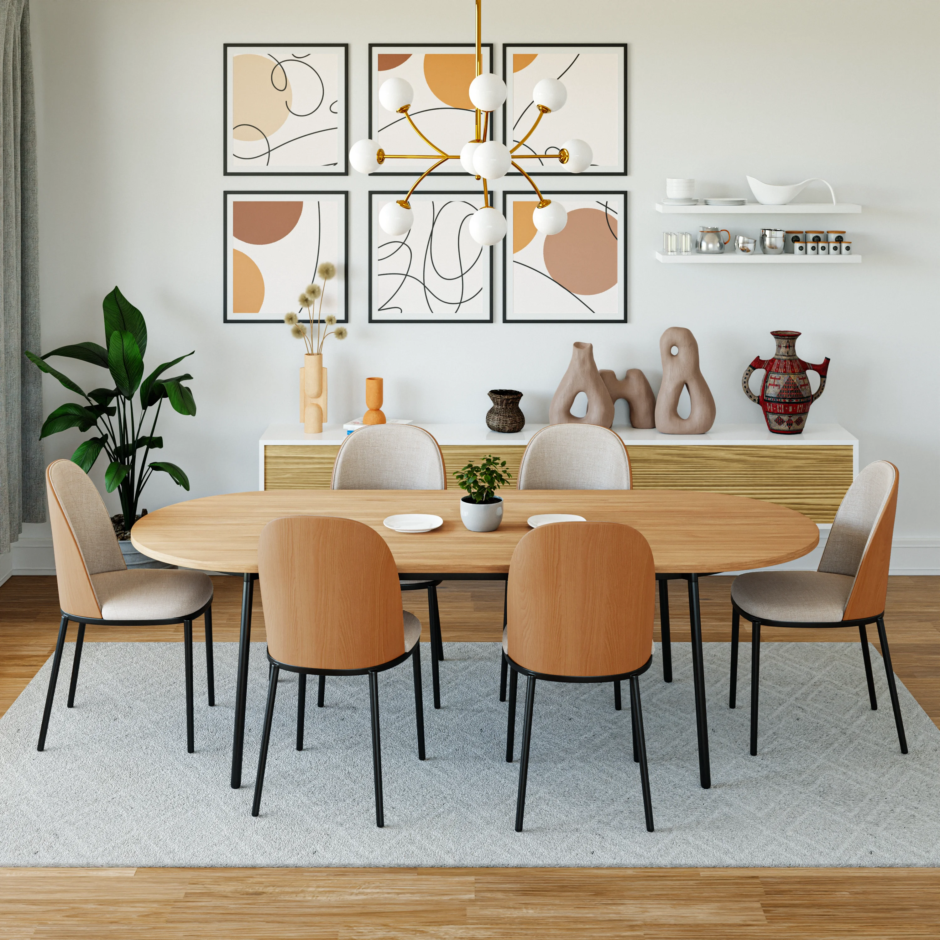 Tule Modern 83" Oval Dining Table with MDF Top and Black Steel Legs in Natural Wood
