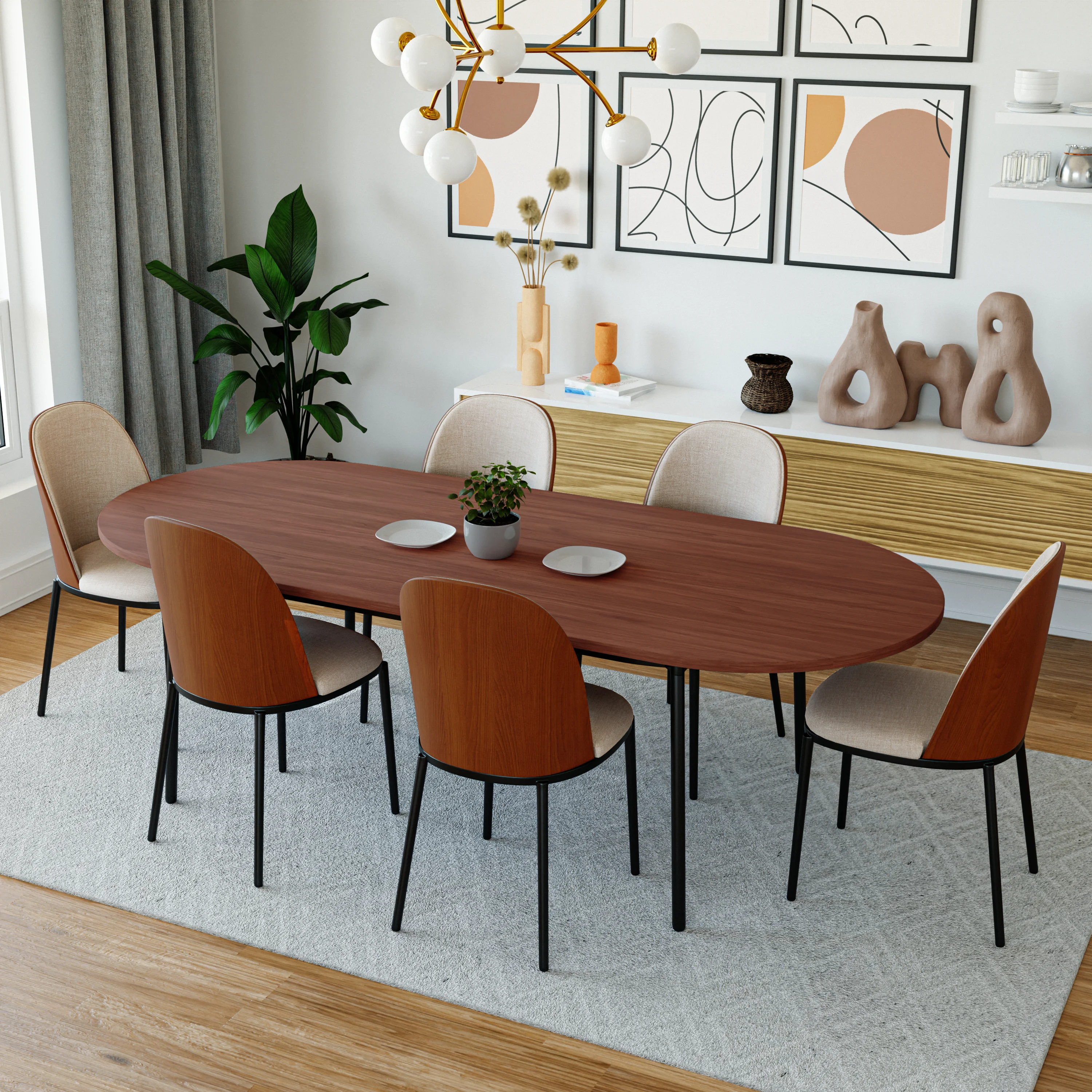 Tule Modern 83" Oval Dining Table with MDF Top and Black Steel Legs in Walnut