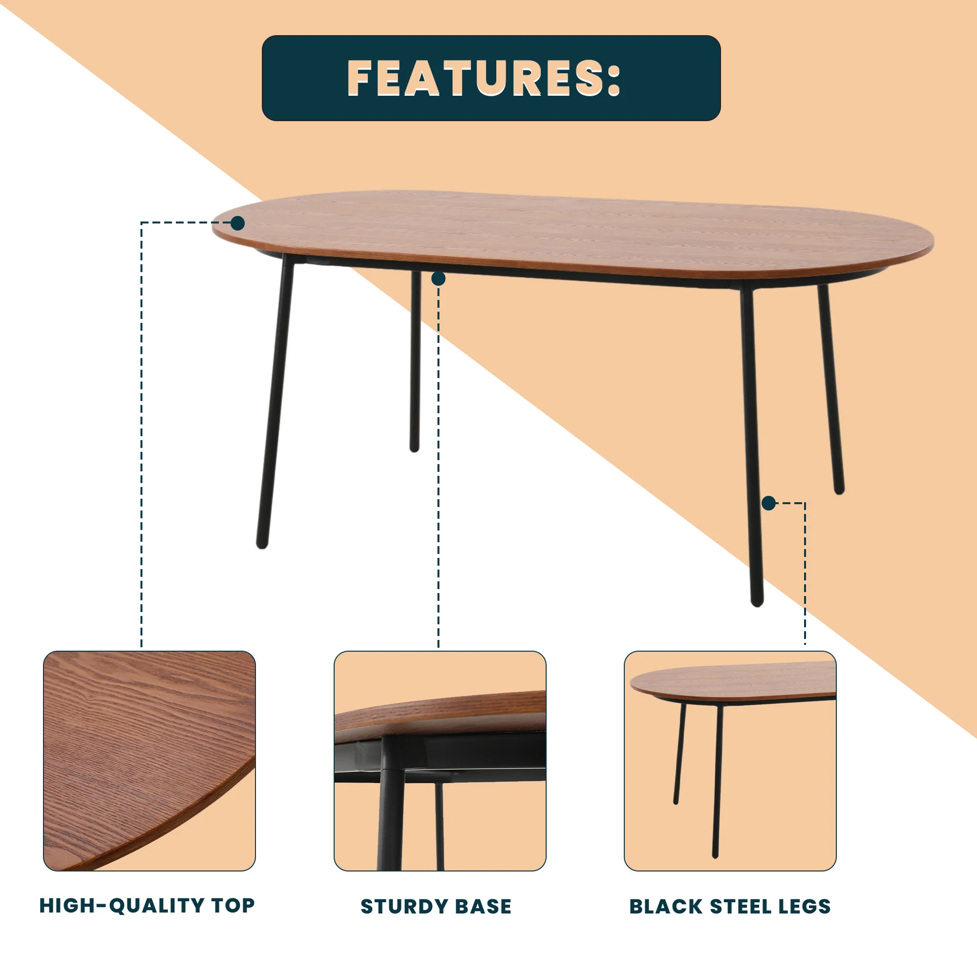 Tule Modern 83" Oval Dining Table with MDF Top and Black Steel Legs in Walnut