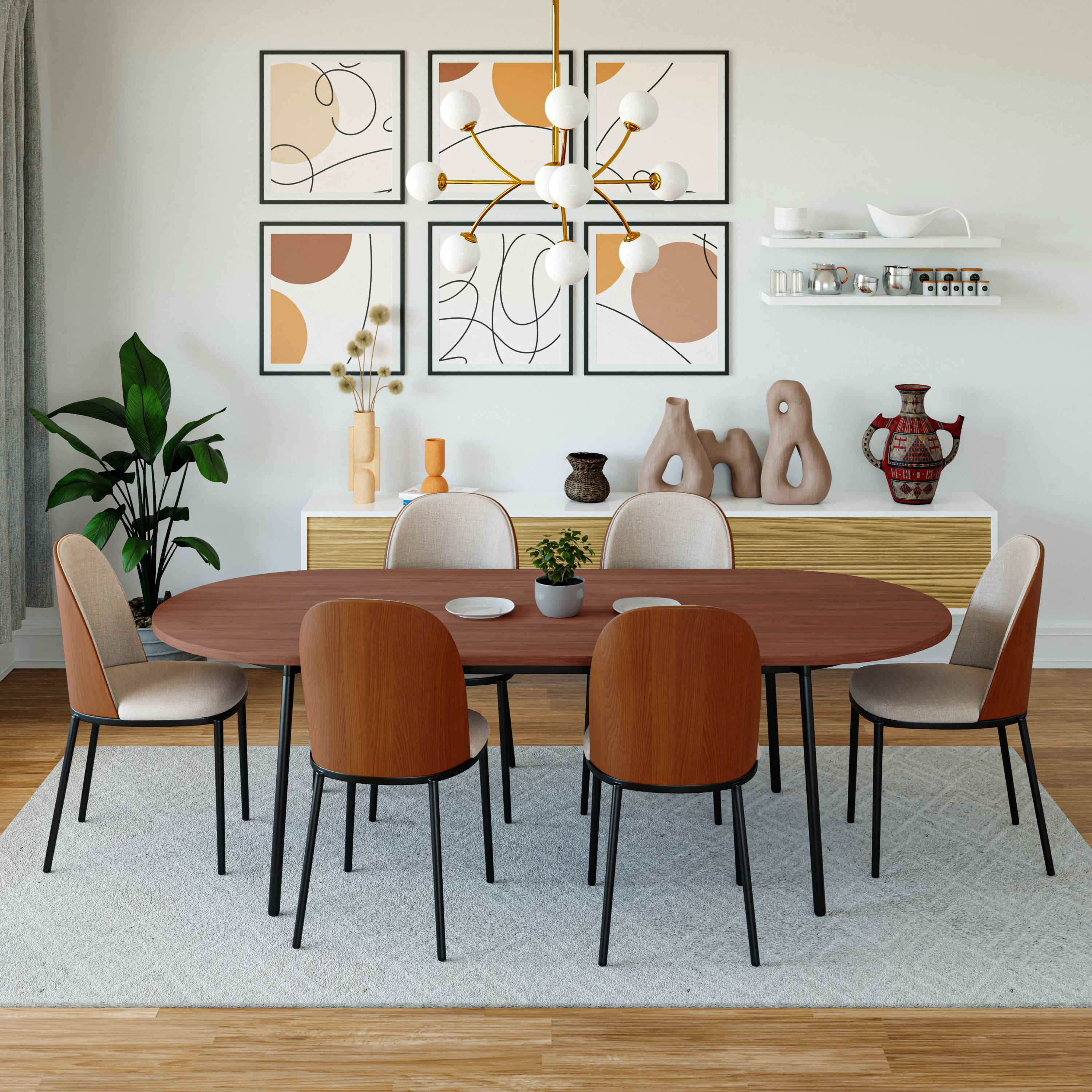 Tule Modern 83" Oval Dining Table with MDF Top and Black Steel Legs in Walnut