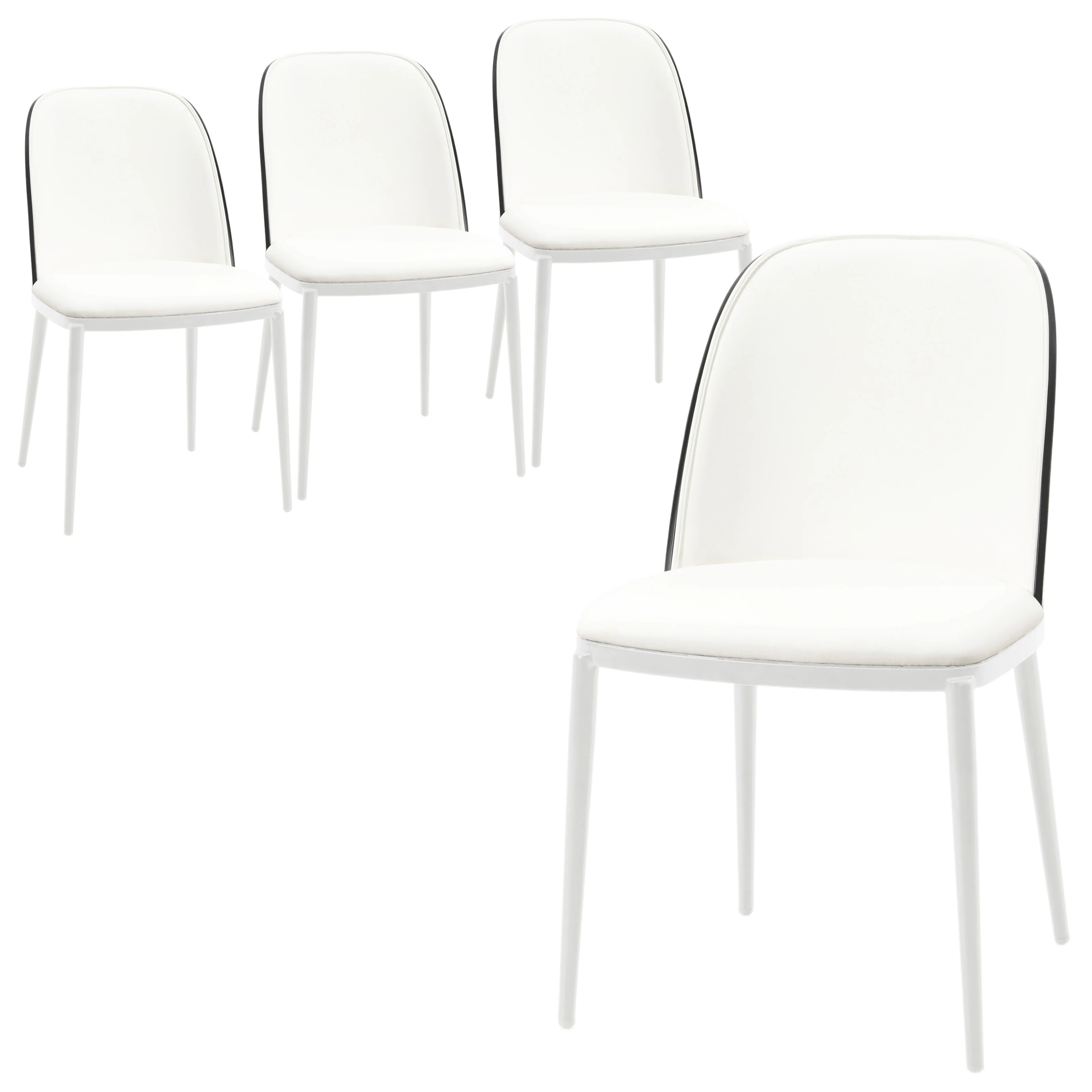 Tule Mid-Century Modern Dining Side Chair with Leather Seat and White Powder-Coated Steel Frame, Set of 4
