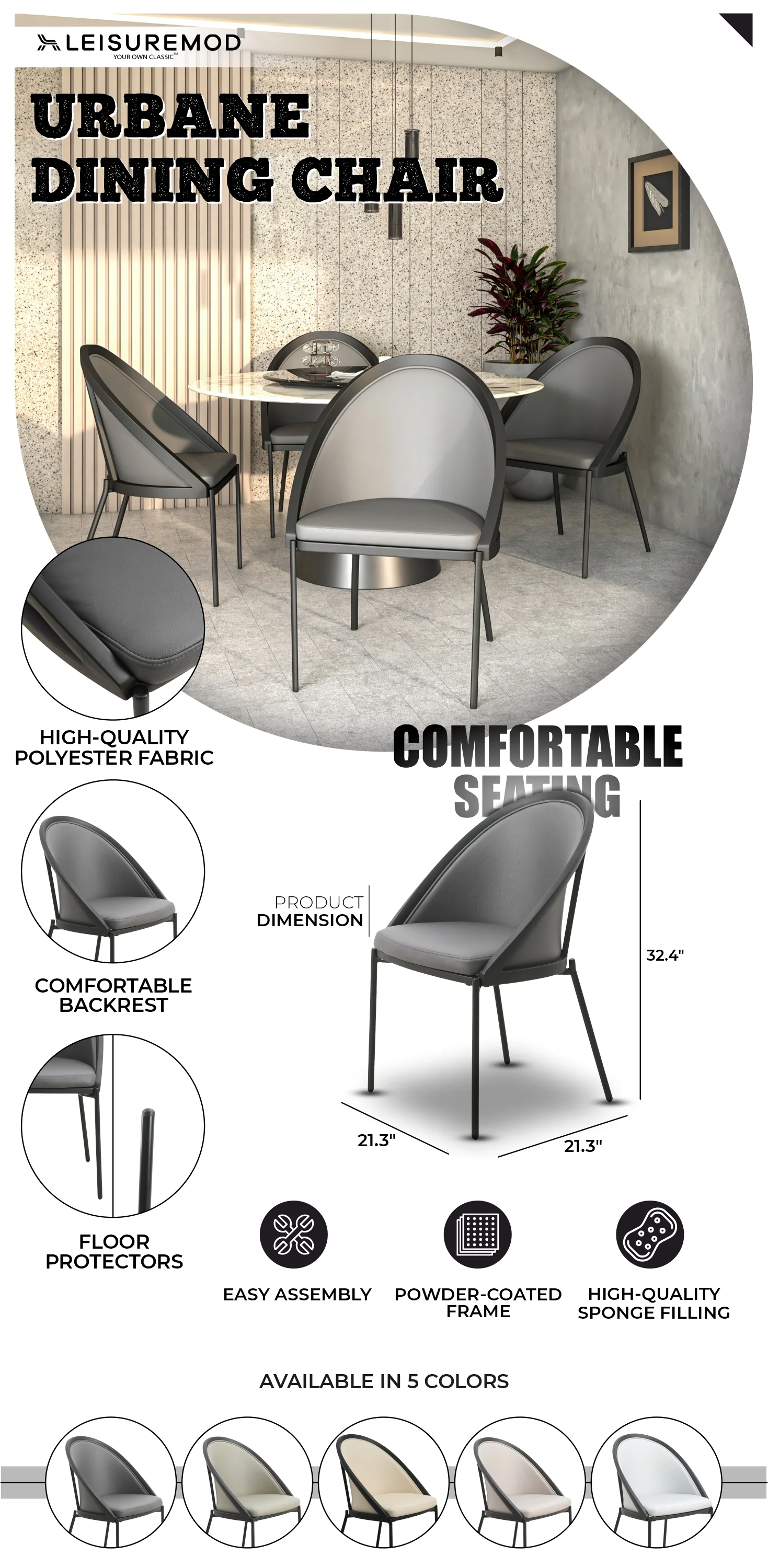 Urbane Collection Modern Dining Chair in Charcoal