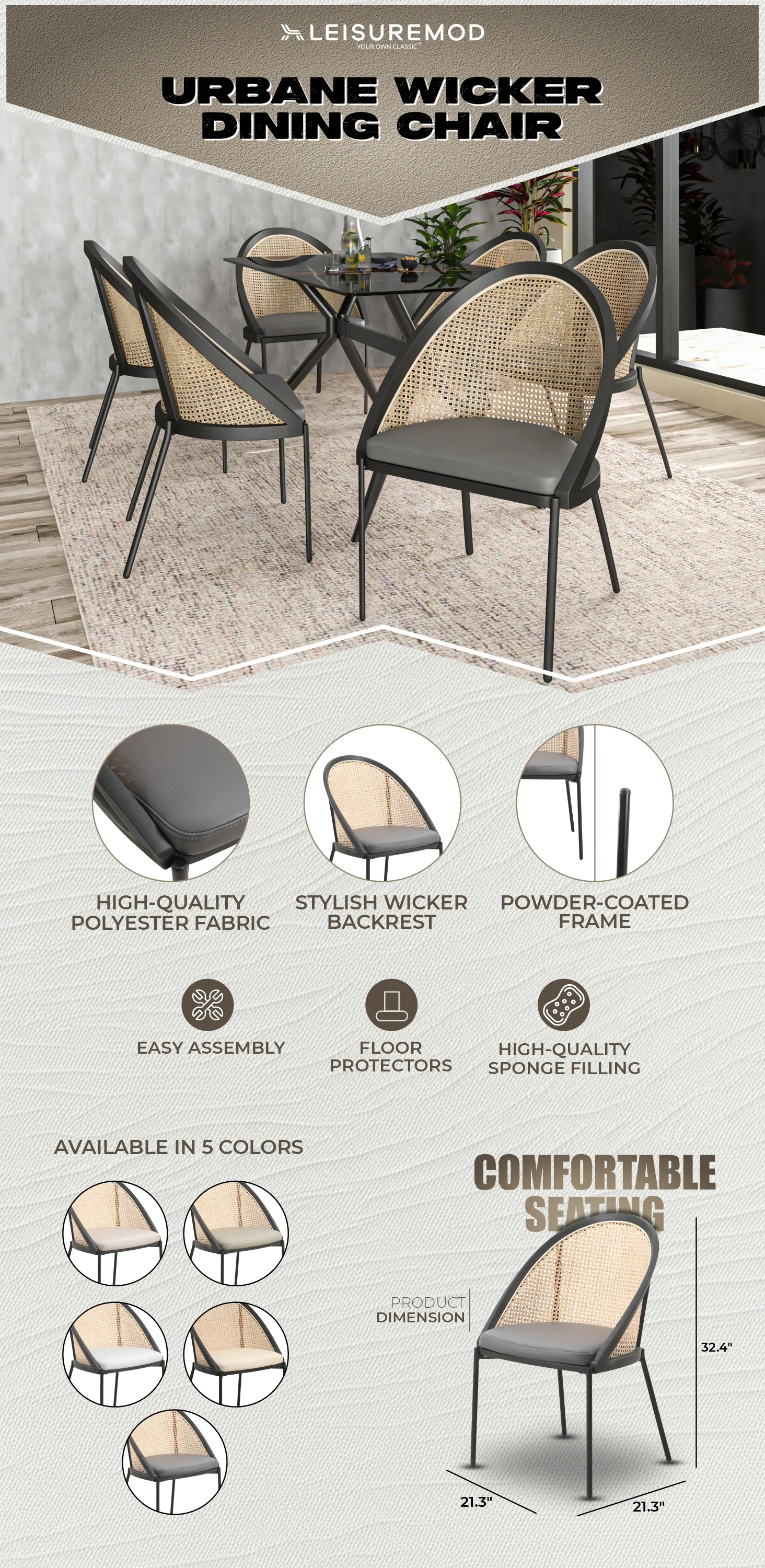 Urbane Collection Modern Dining Chair With Wicker back in Charcoal - Set of 2