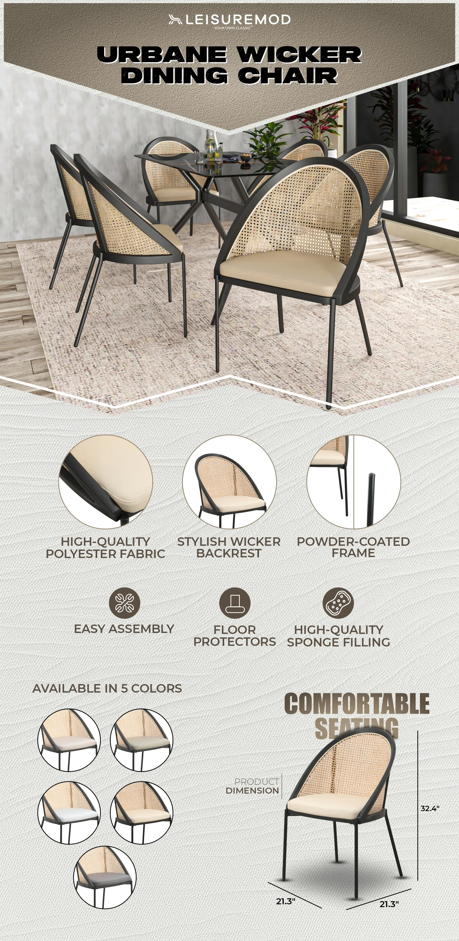 Urbane Collection Modern Dining Chair With Wicker back in Cream - Set of 2