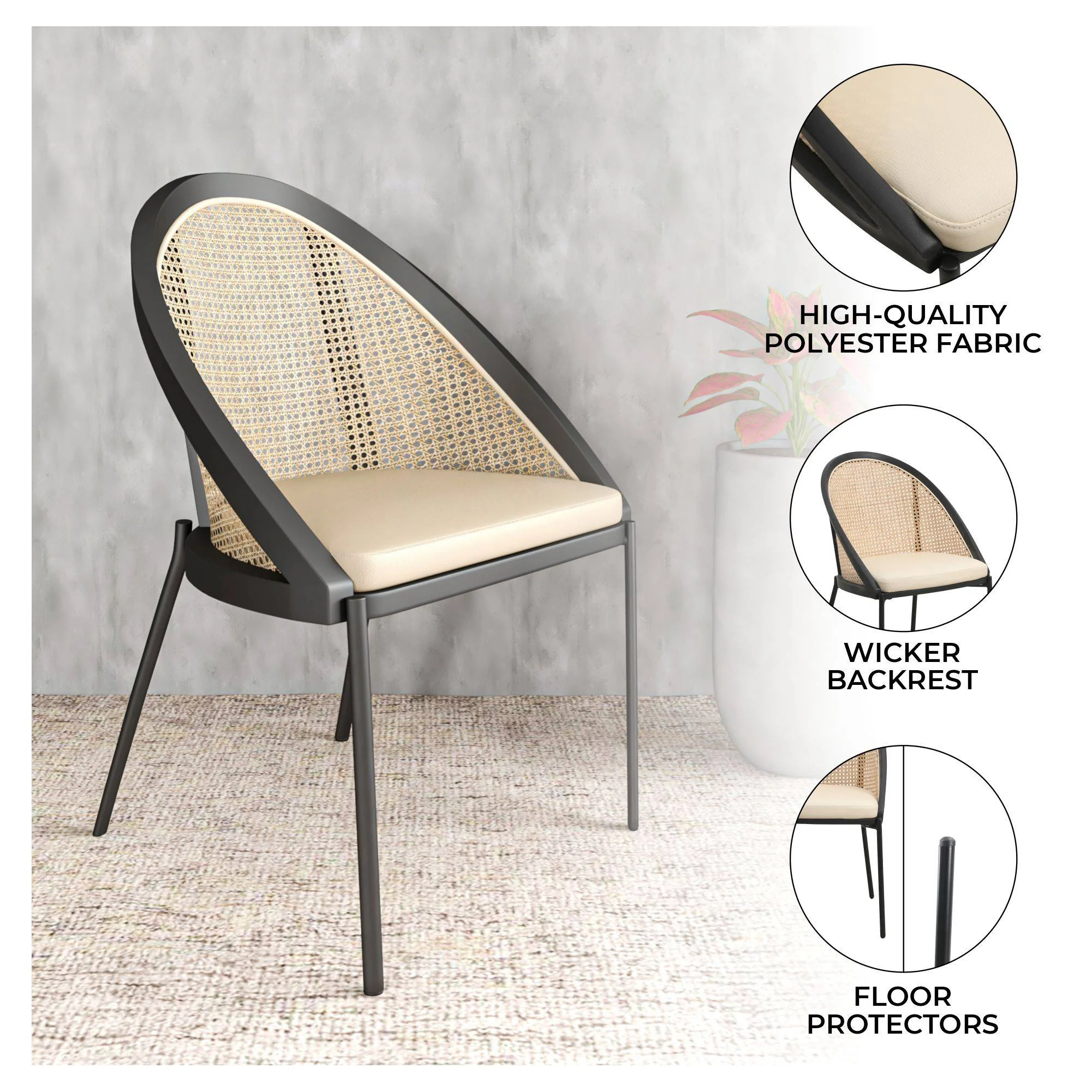 Urbane Collection Modern Dining Chair With Wicker back in Cream - Set of 2