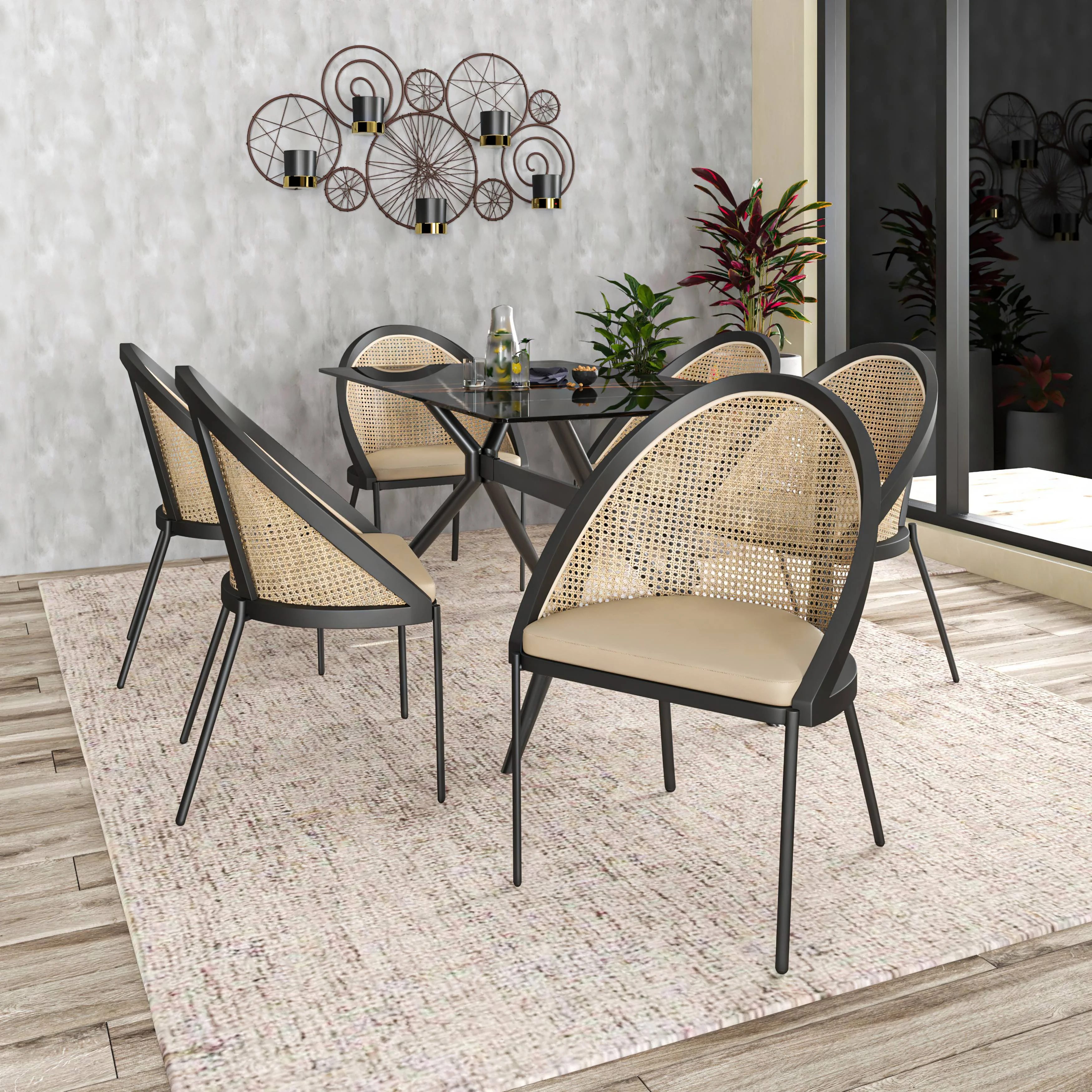 Urbane Collection Modern Dining Chair With Wicker back in Cream - Set of 2
