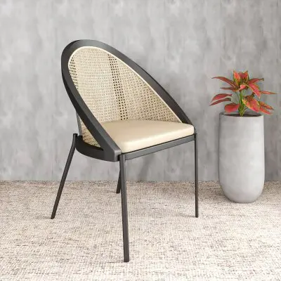 Urbane Collection Modern Dining Chair With Wicker back in Cream - Set of 2