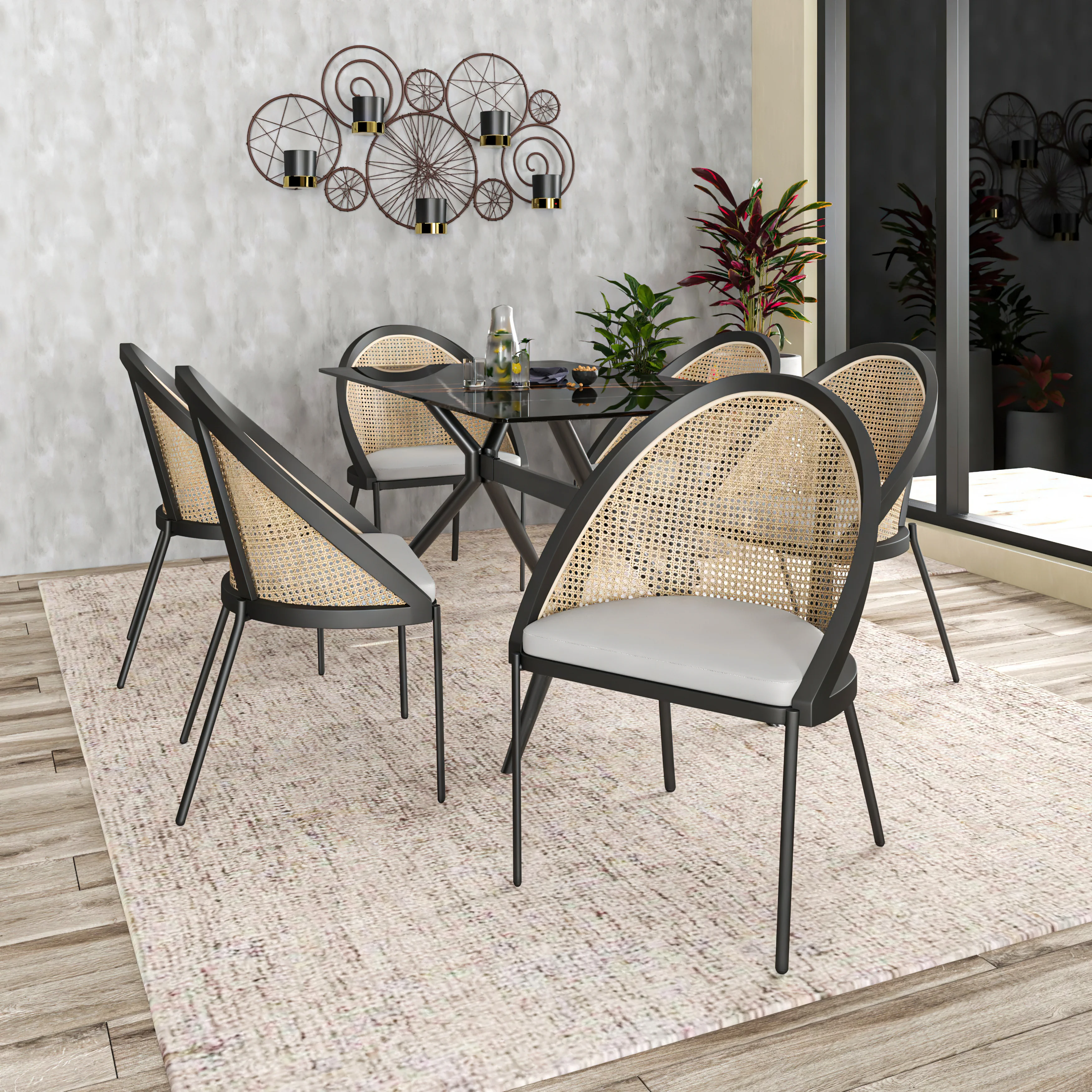 Urbane Collection Modern Dining Chair With Wicker back in Light Grey