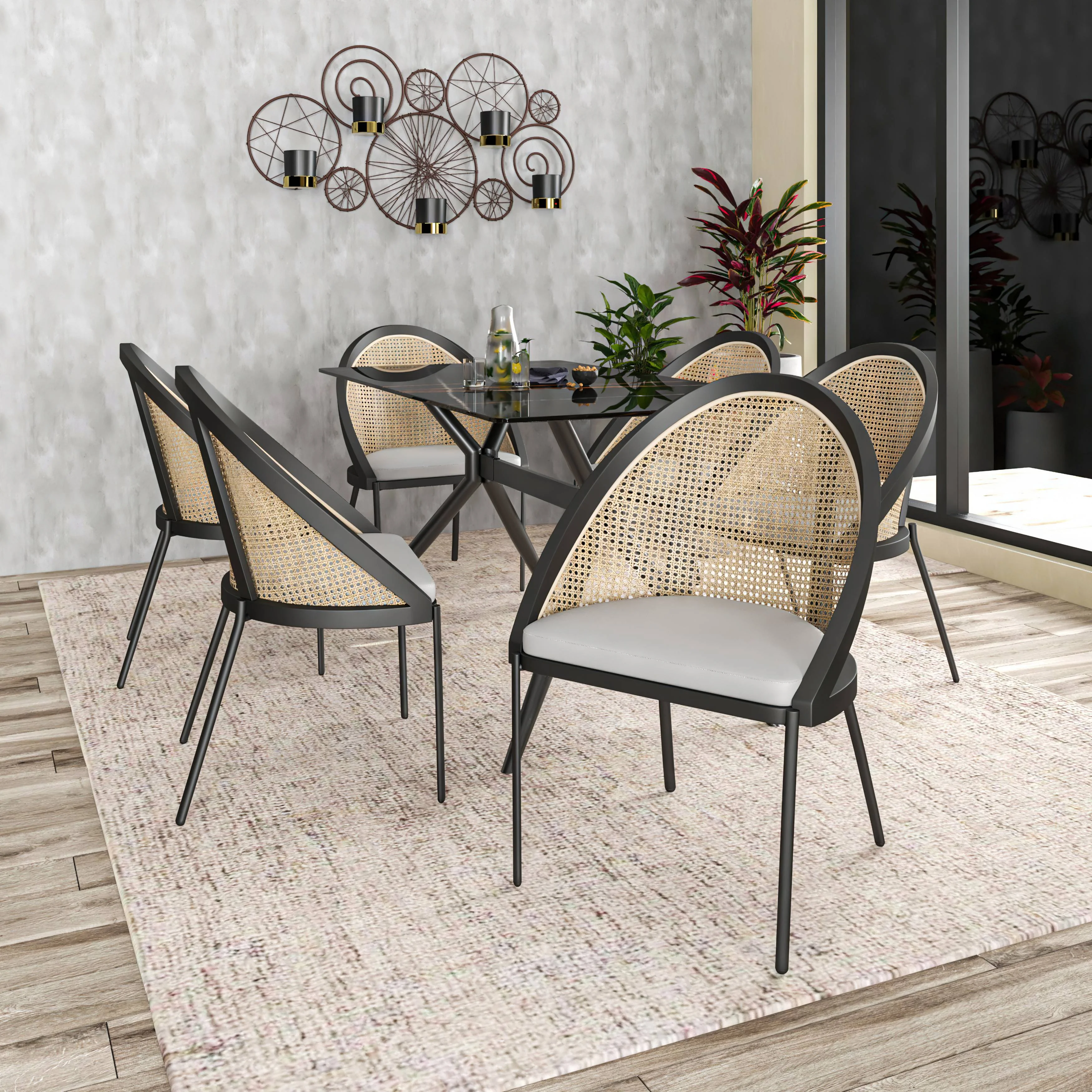 Urbane Collection Modern Dining Chair With Wicker back in Light Grey - Set of 2