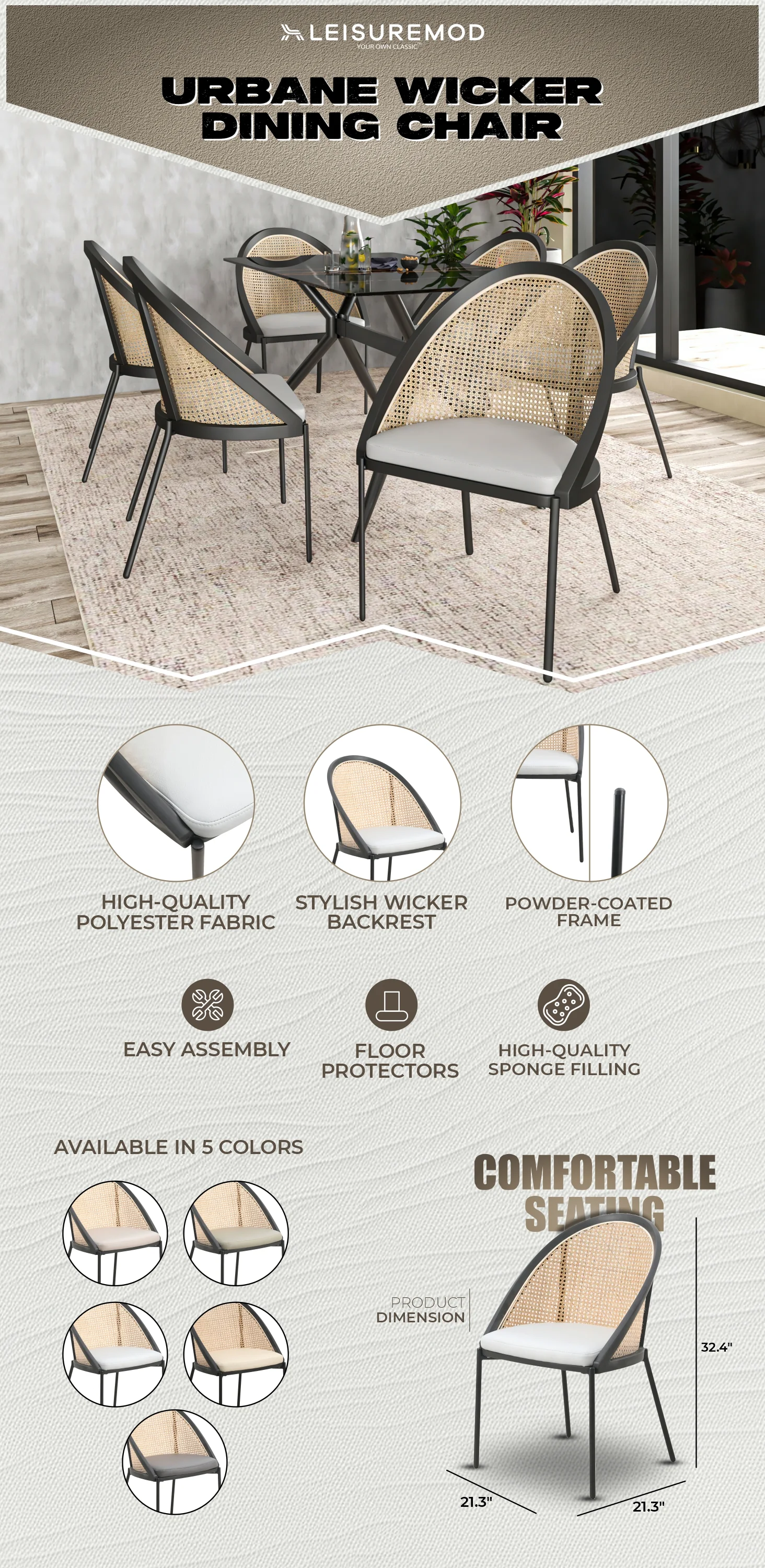 Urbane Collection Modern Dining Chair With Wicker back in Light Grey - Set of 2