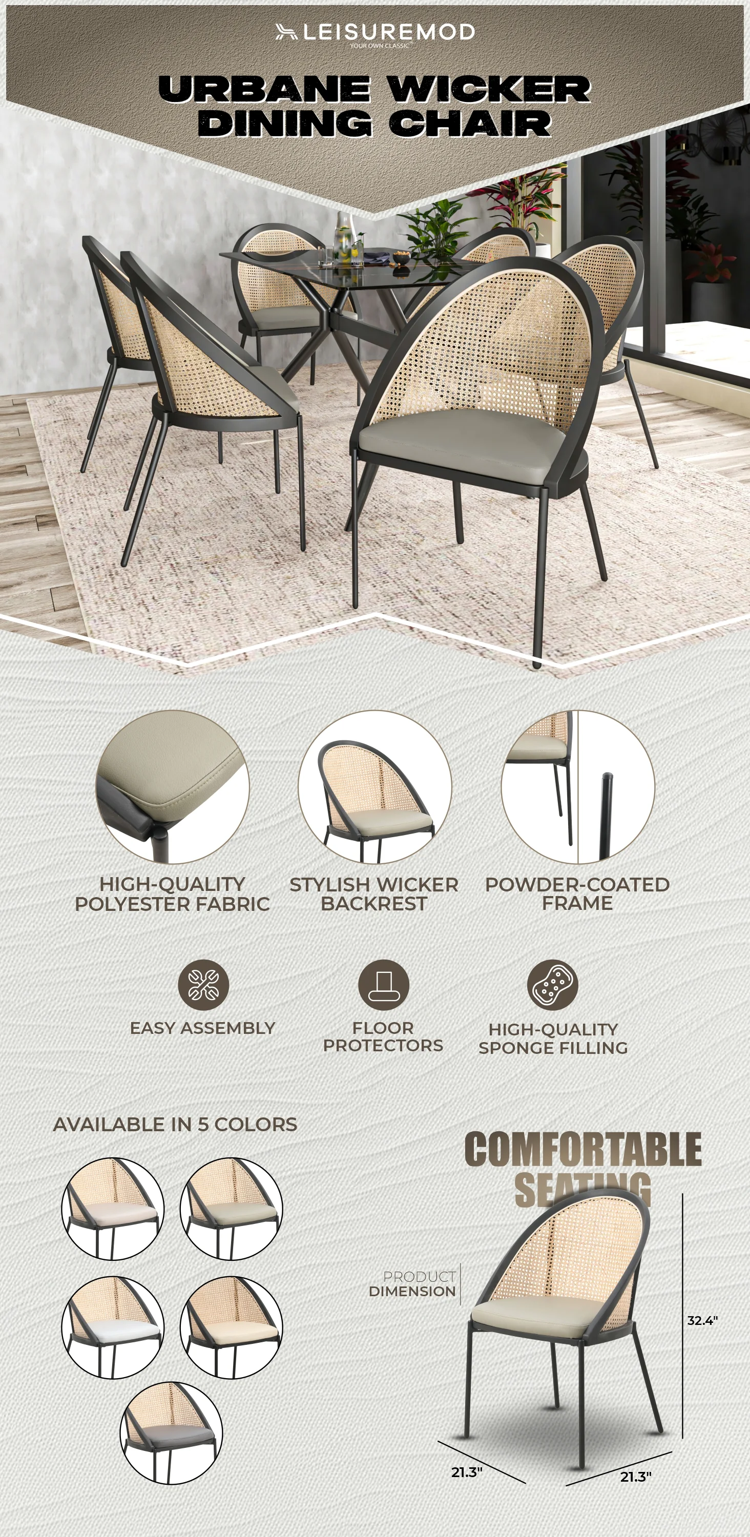 Urbane Collection Modern Dining Chair With Wicker back in Olive Green - Set of 2