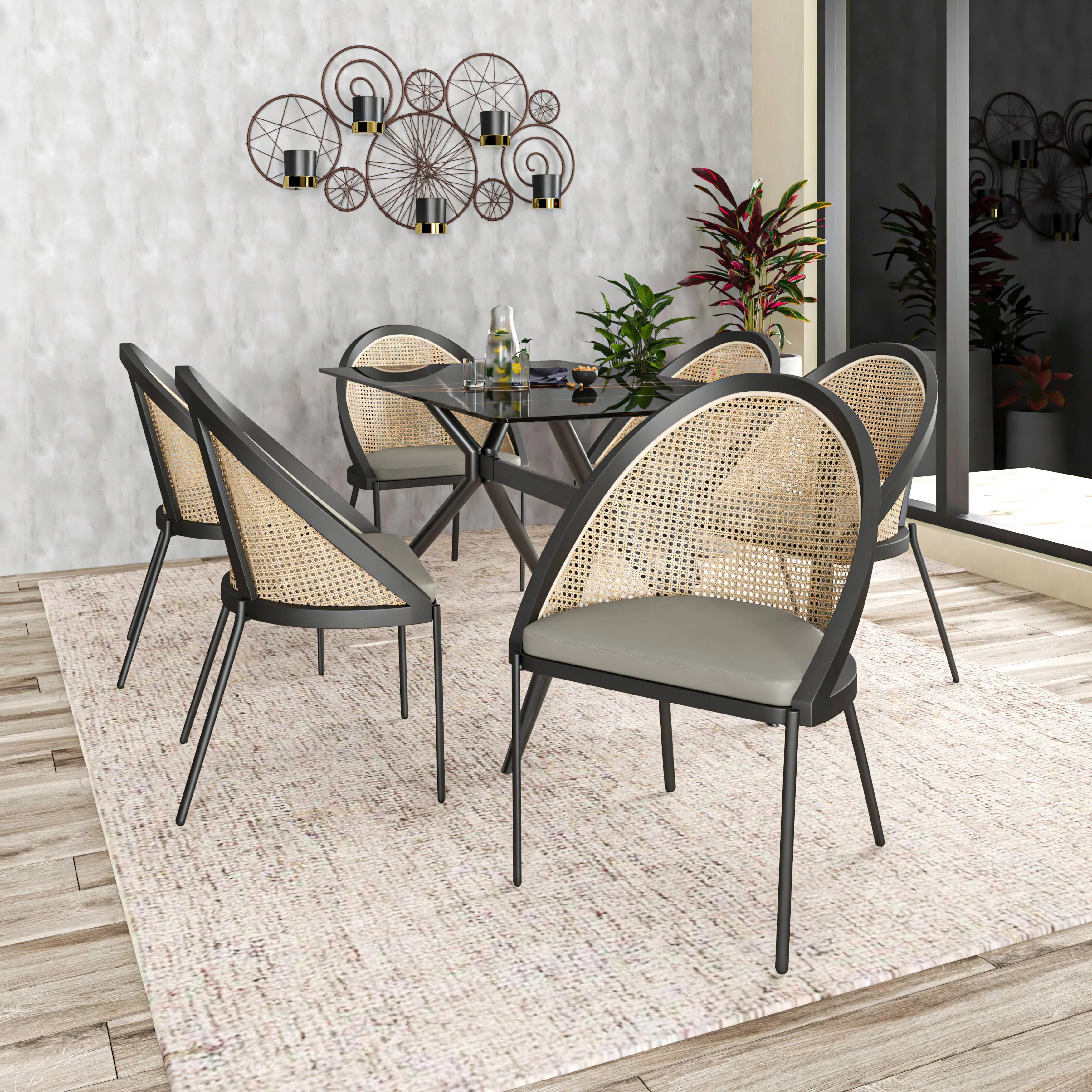 Urbane Collection Modern Dining Chair With Wicker back in Olive Green - Set of 4