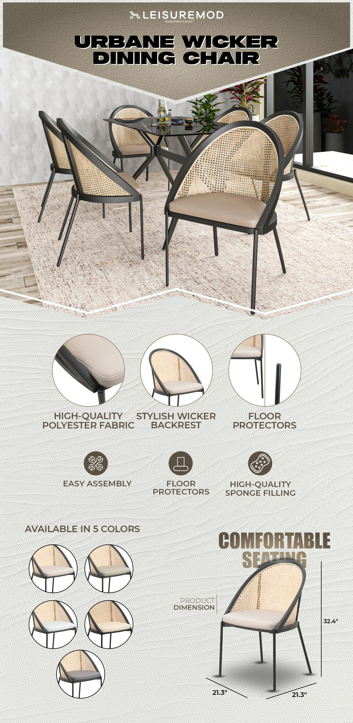 Urbane Collection Modern Dining Chair With Wicker back in Toupe