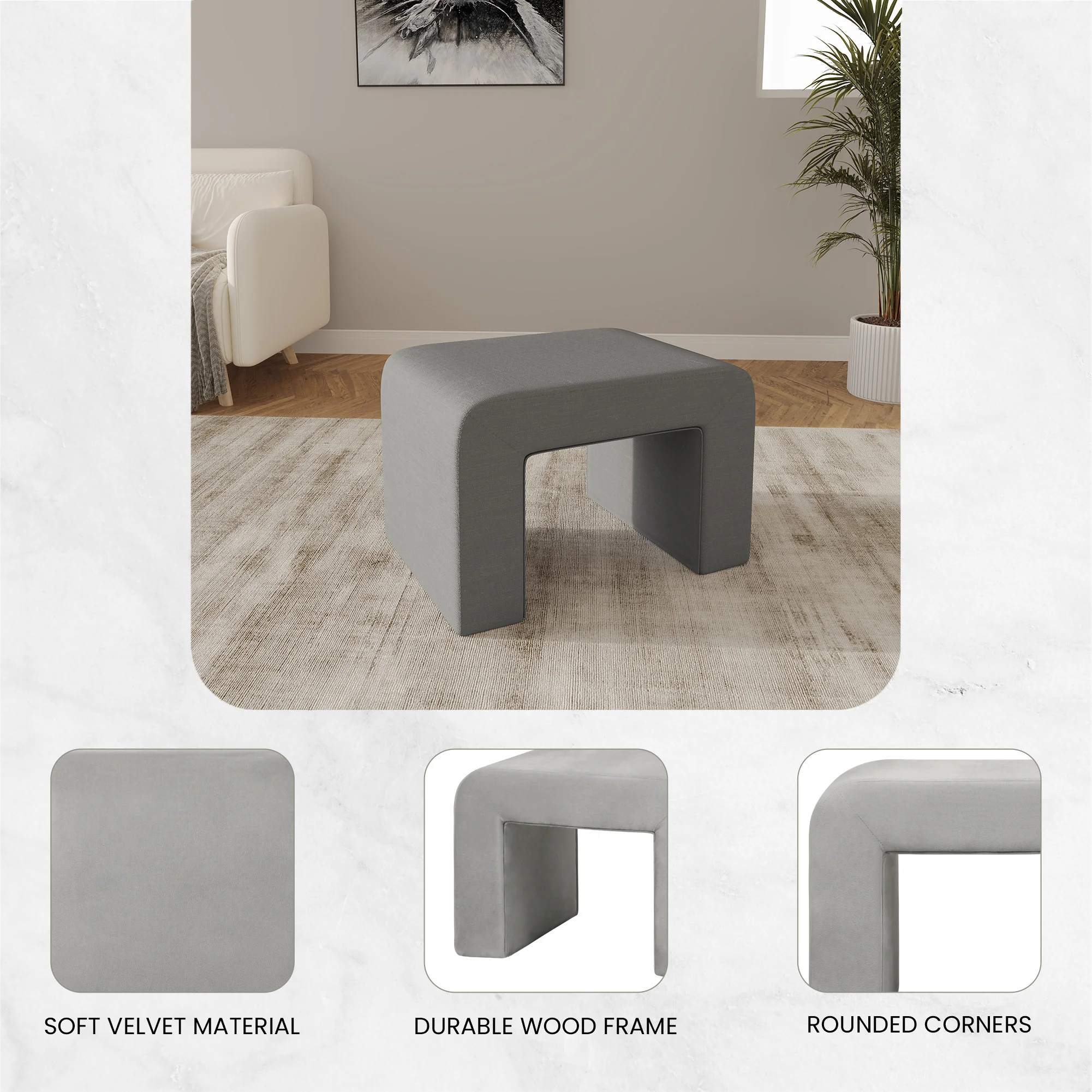 Vint 26” Bench Upholstered in Velvet Boucle with Curved Waterfall Design Padded Foam Seat for Living Room