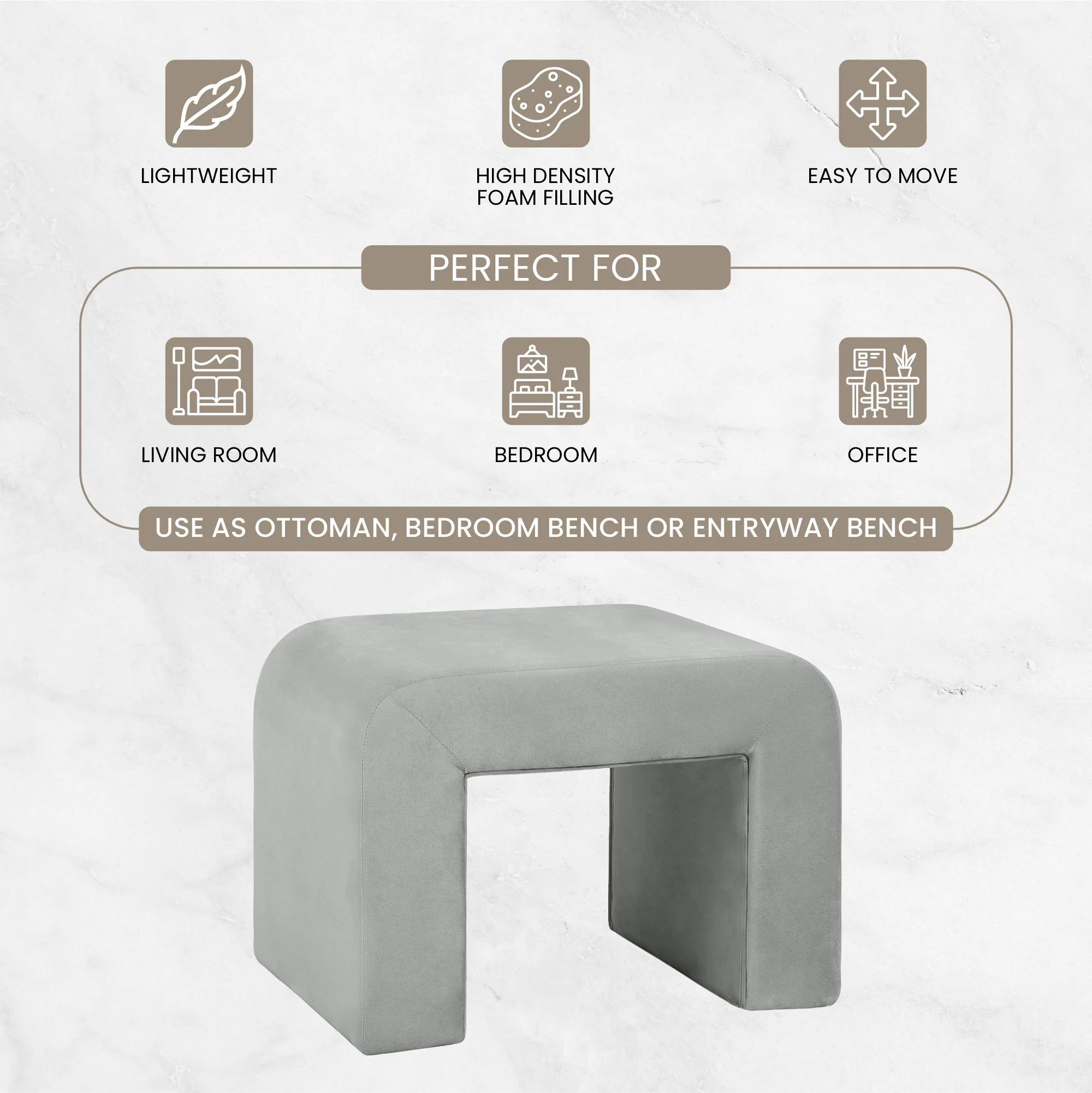 Vint 26” Bench Upholstered in Velvet Boucle with Curved Waterfall Design Padded Foam Seat for Living Room